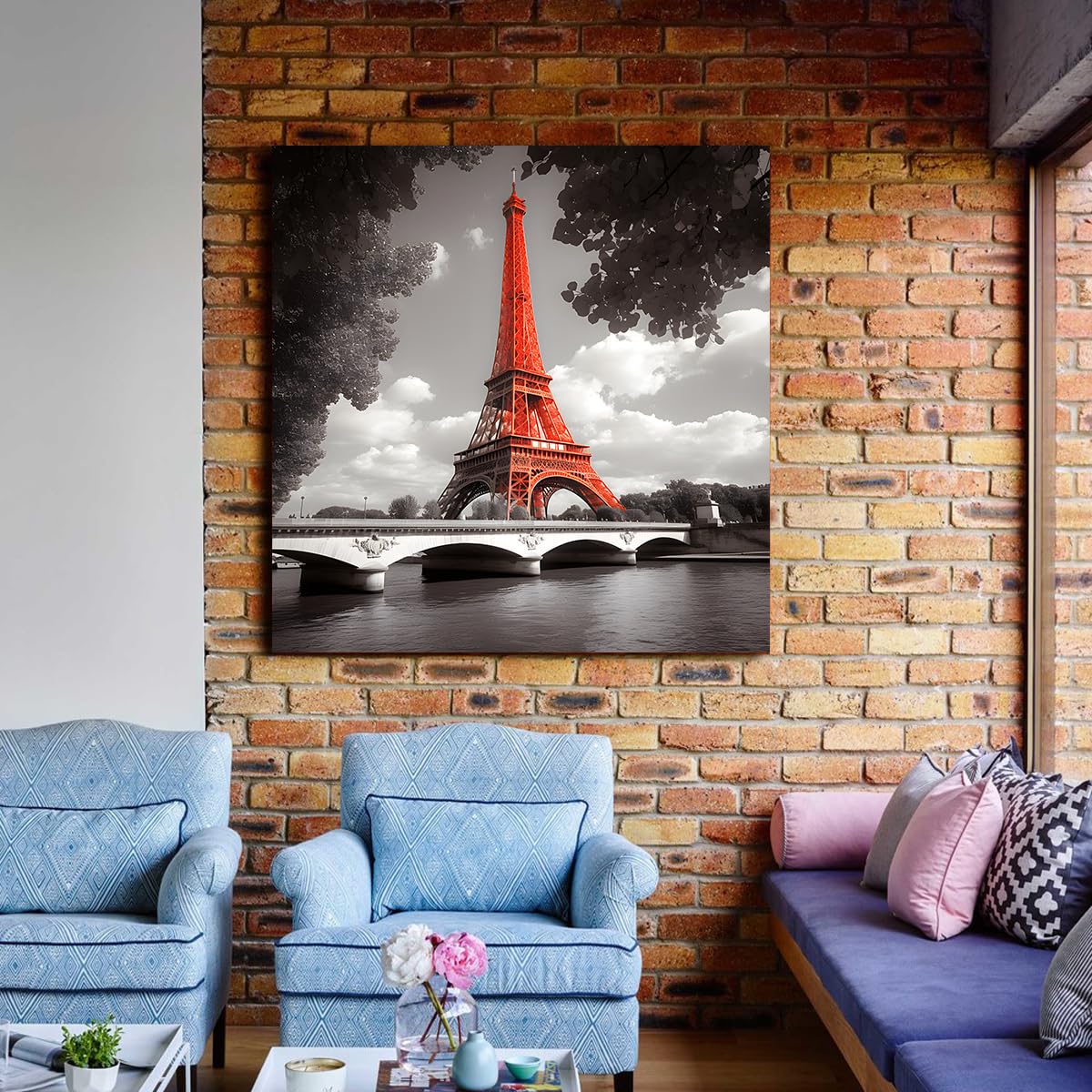 Via Vela Tour rouge toile art mural moderne paysage impressions œuvres d’art peinture noir et blanc design mural affiches pour salon appartement décor 70x70cm cadre intérieur