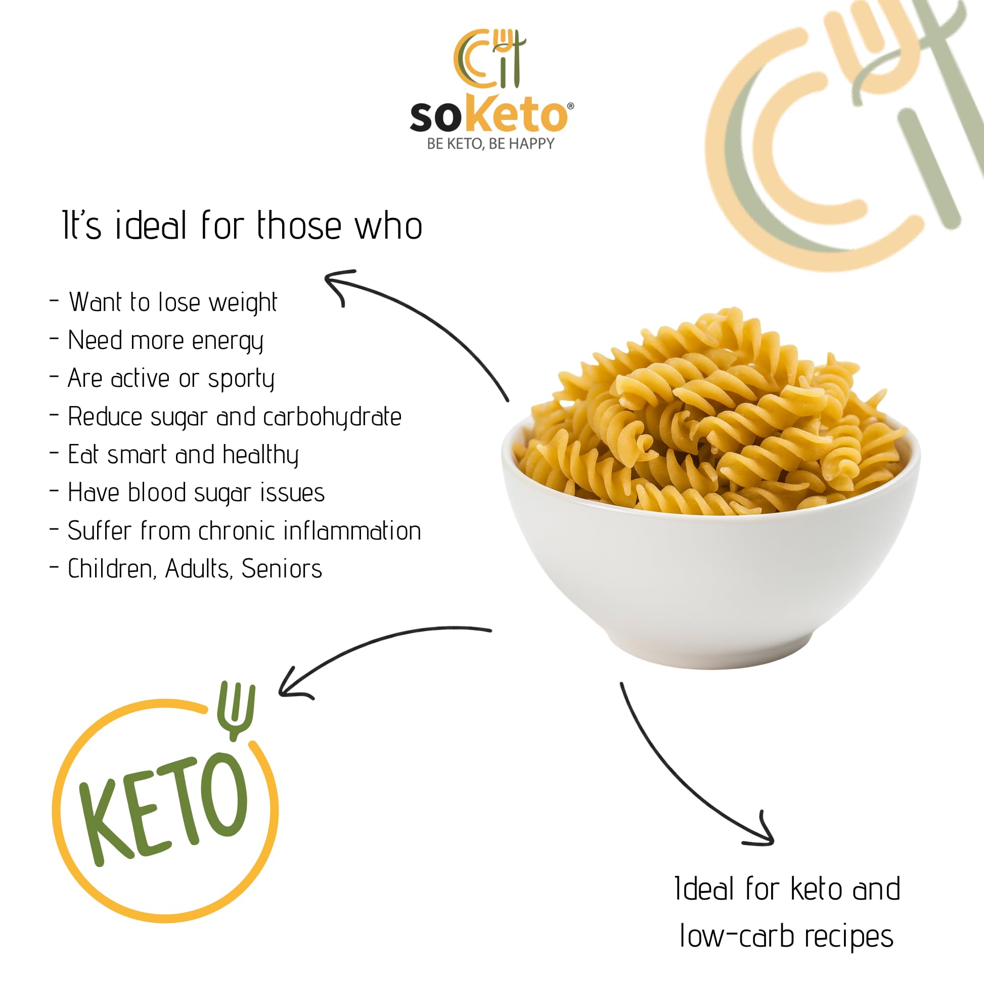 Fusilli Cheto Low Carbon Pasta Corta Pack de 5 unidades SOKETO con poco carbohidratos para dieta cetogénica (5 x 250 gr)