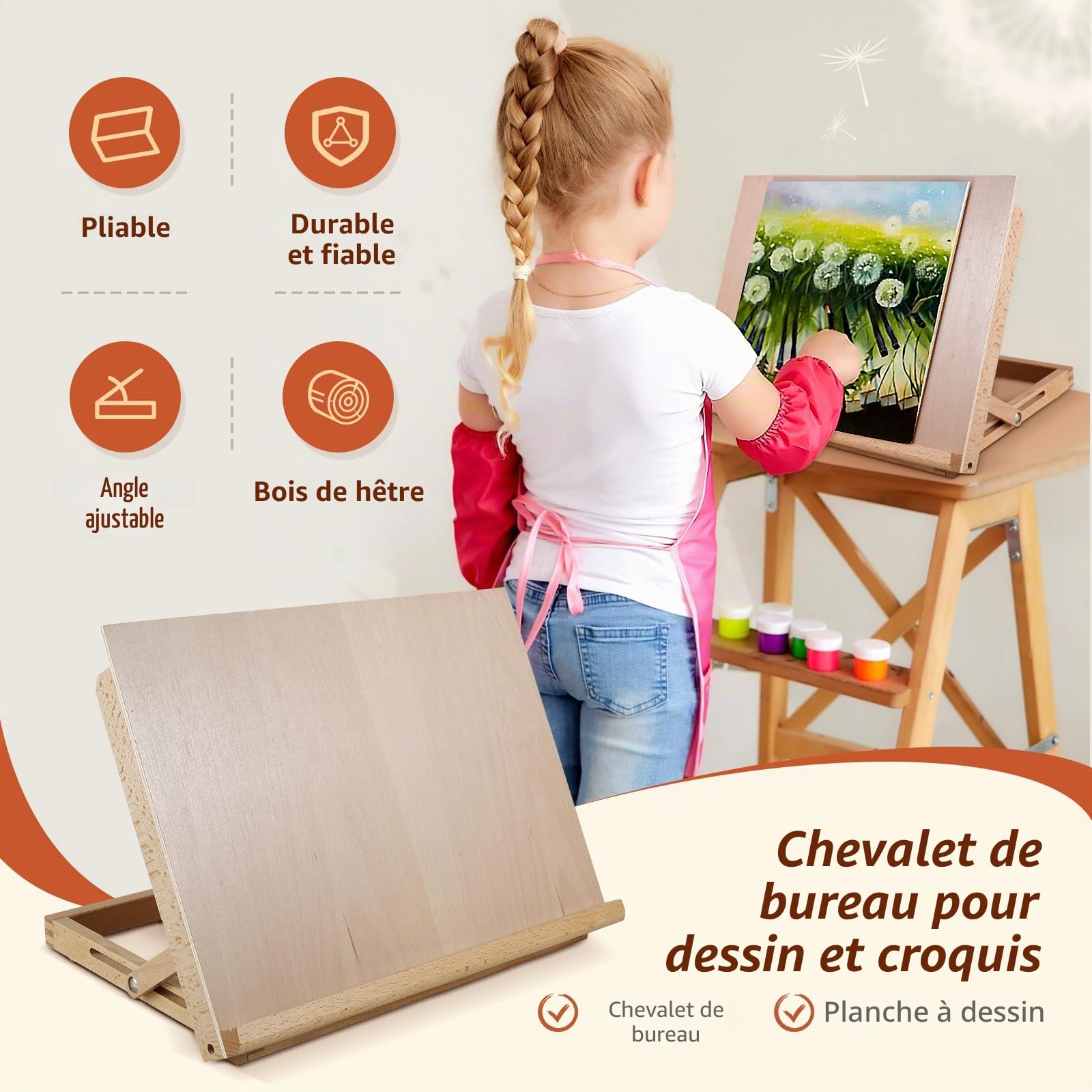 Chevalet de dessin pour artistes, format A3, en bois de hêtre massif, pour bureau, 42,9 x 32 x 6 cm, angle réglable, pliable, pour artistes, débutants, étudiants