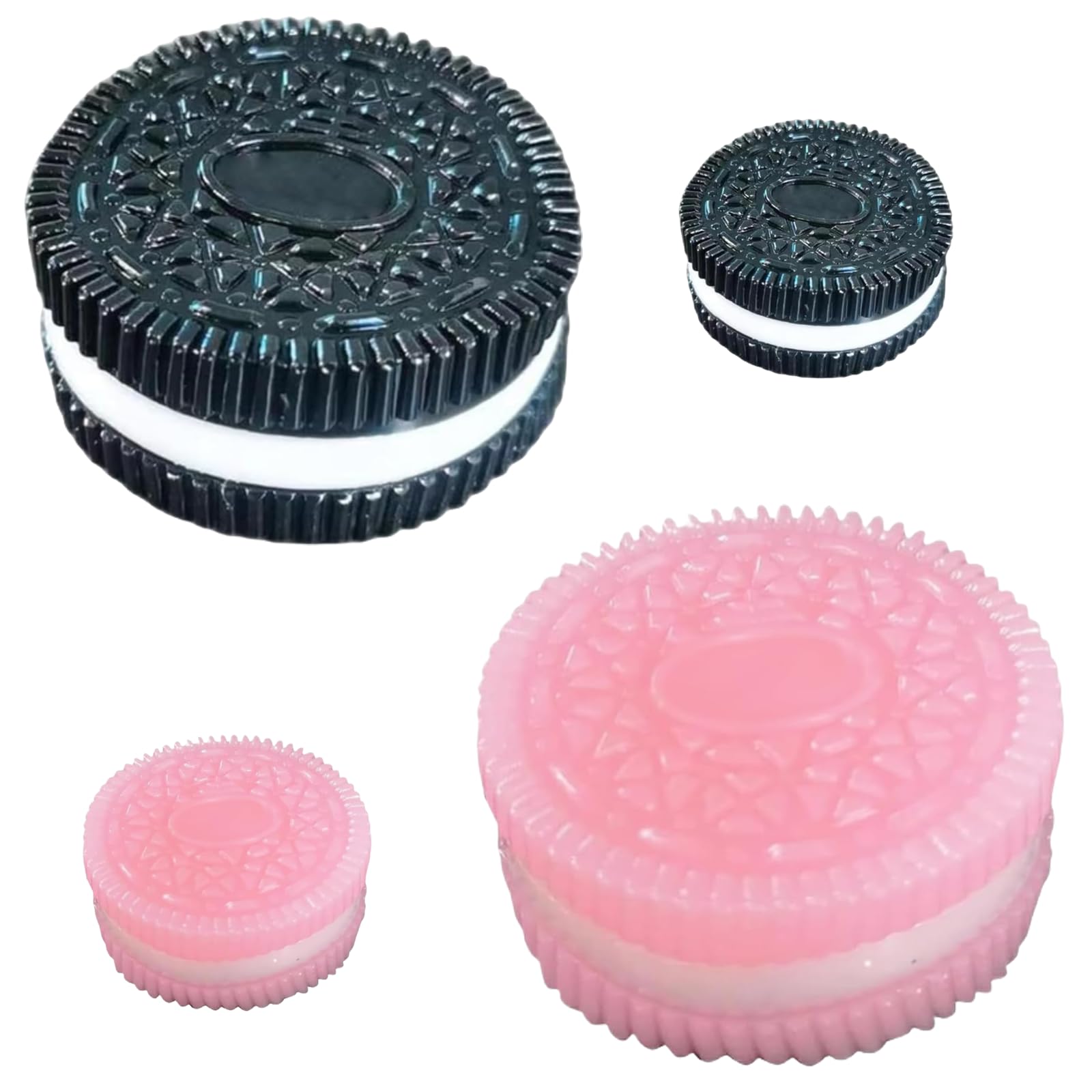 MUNSKT 4-Pack Oreo-Inspired Squishy Set 2 Large + 2 Mini Keychain Charms (Pink & Black), Squeezeable to Relief Stress Anxiety, Party Favors & Desk Relaxation, for Kids & Adults