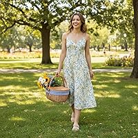 Vista 6 de Cesta de picnic de mimbre con tapa y asa, cuerpo tejido resistente con forro lavable, rayas azules