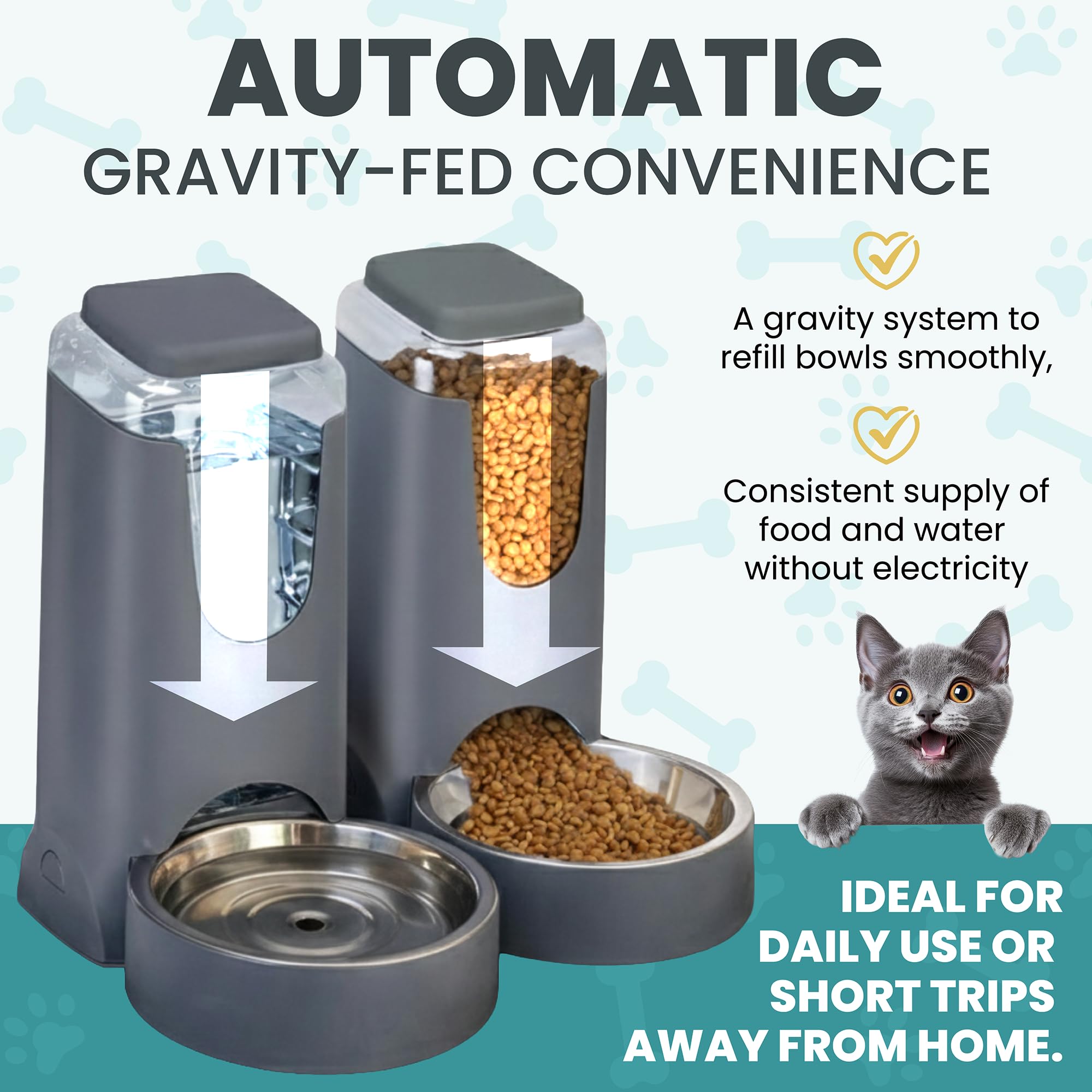 Automatic Cat Feeder 2.8L/4L Water Dispenser Set w/Tray Mat, Gravity Pet Feeder, Large Capacity Non-Spill Cat Water & Food Stainless Steel Bowls, Water Dispenser for Feeding Cats & Dog - image 3