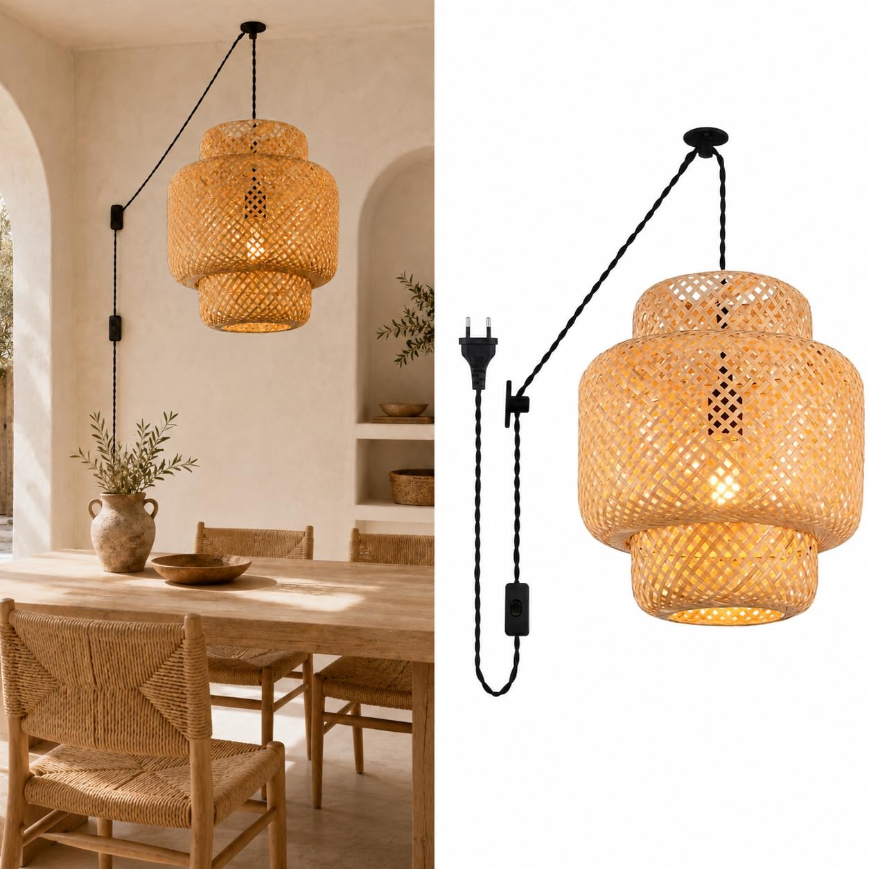 BARCELONA LED Suspension En Osier E27 Avec Prise | BARCELONA LED Suspension En Osier E27 Avec Prise