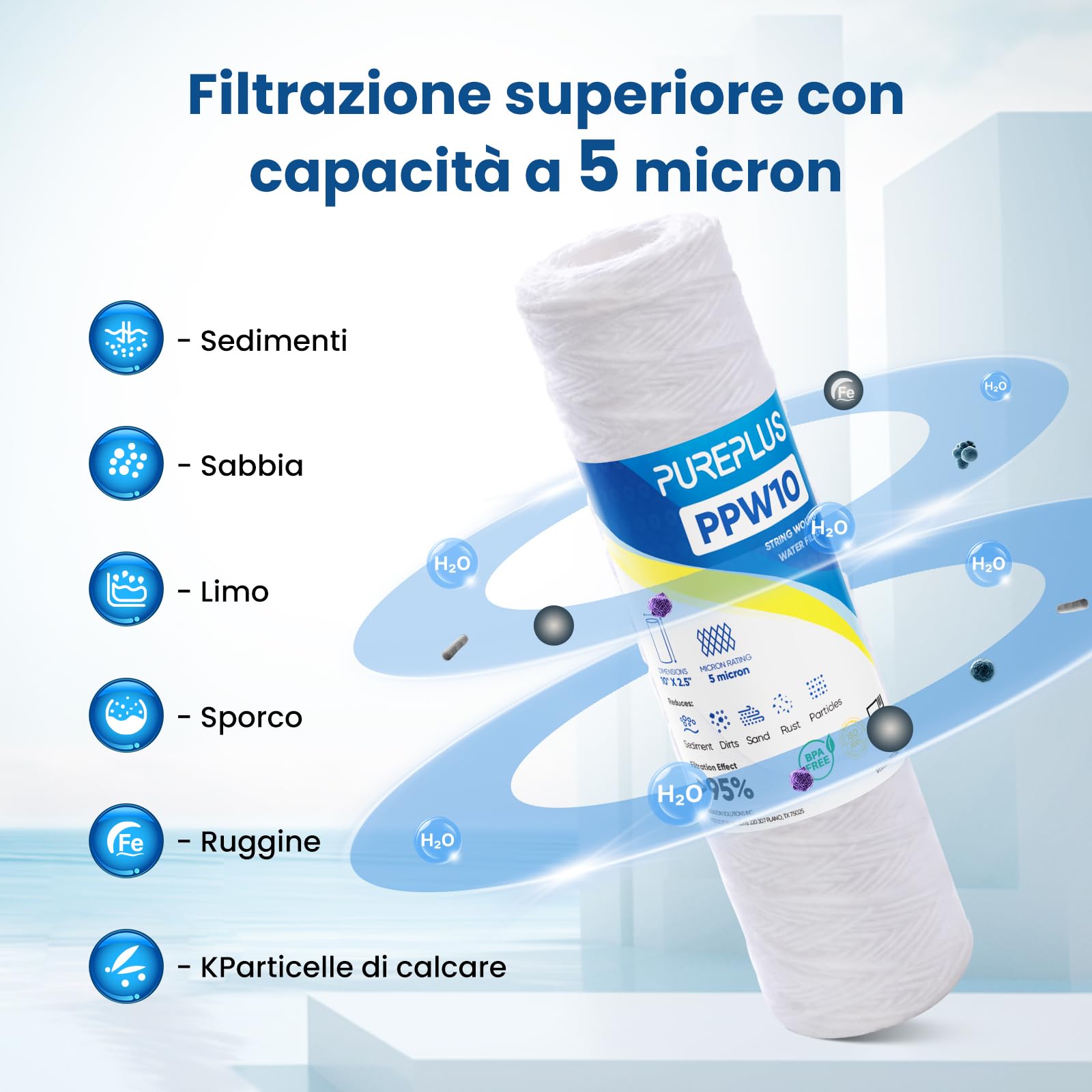4 Pack 5 Micron 10" x 2,5" Cartuccia di sostituzione del filtro a sedimenti per la casa intera per il sistema RO universale da 10" WP-5 Aqua-Pure AP110 CFS110 Culligan P5 WFPFC4002 CW-MF