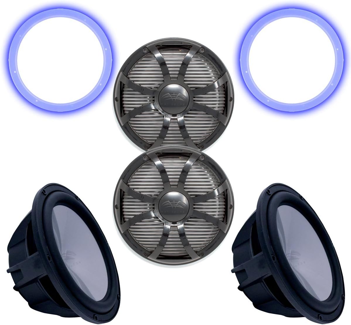 Wet Sounds Two Revo 12" Subwoofers, Grills, & RGB LED Rings - Black Subwoofers & Black Closed Face SW Grills - 4 Ohm