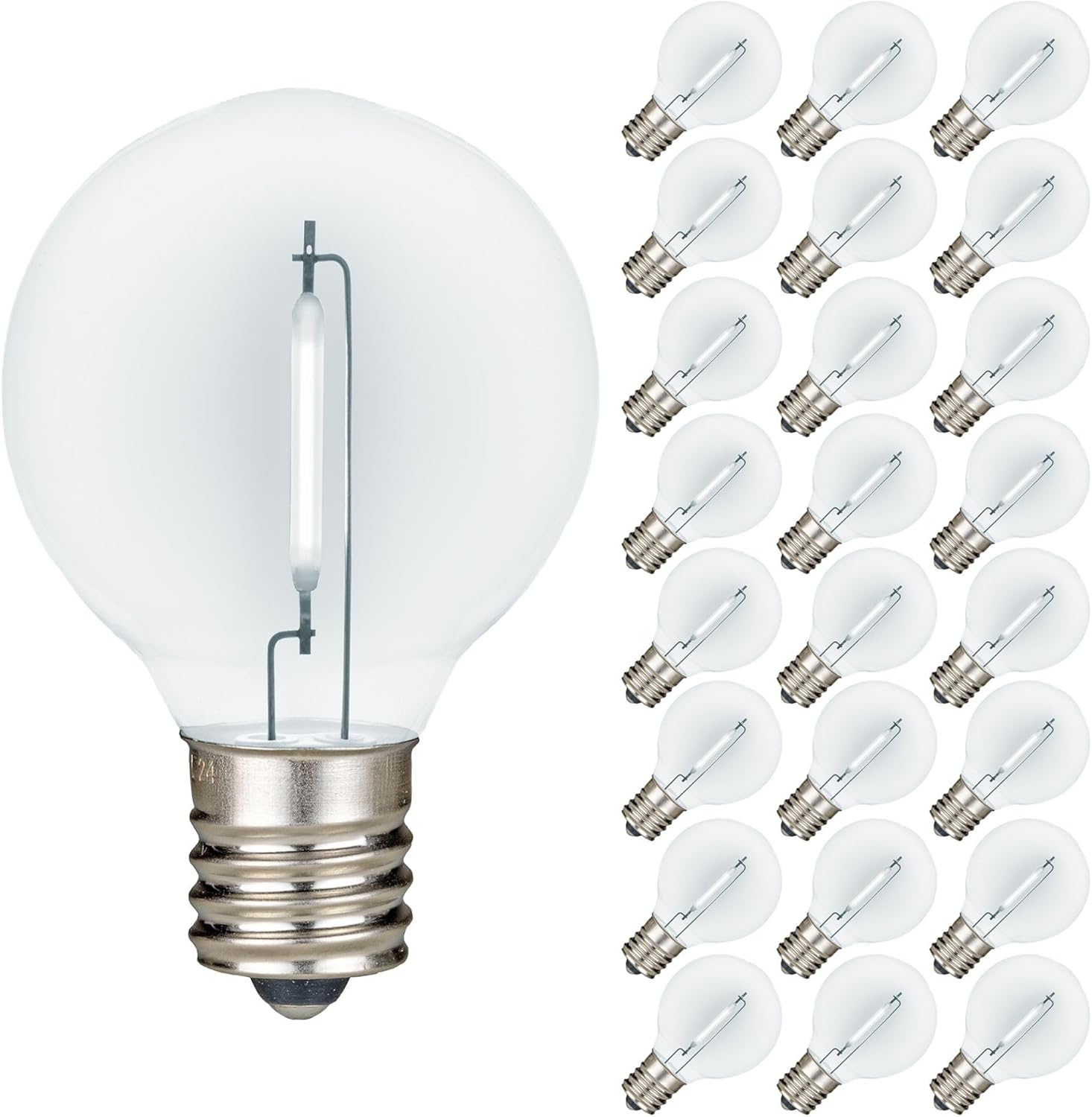 Novelty Lights 25 Pack Pure White G40 LED Filament String Light Bulbs, E12/C7 Candelabra Base, 5 Watt Equivalent, Shatterproof Replacement Bulbs for Patios, Canopy Lighting