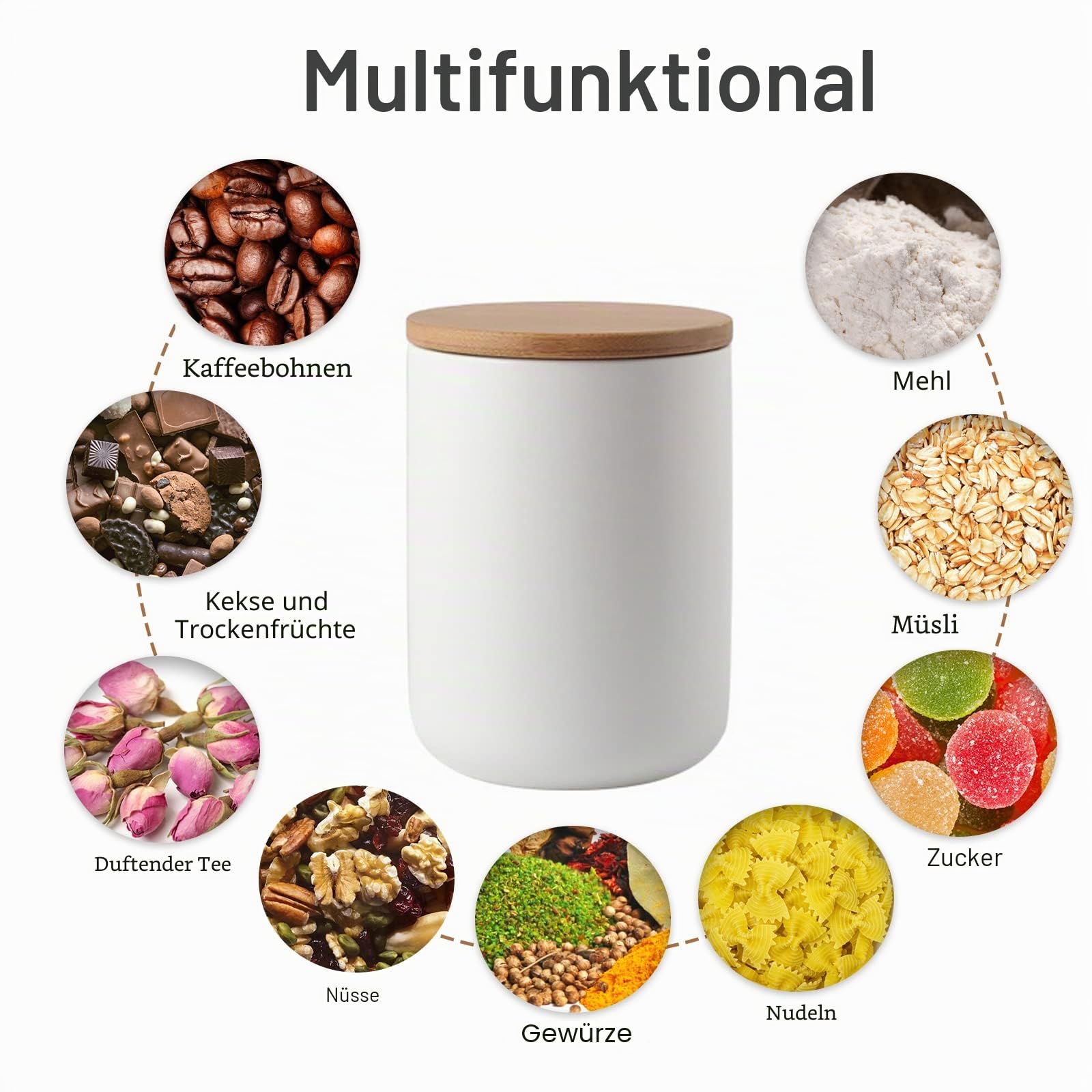 Modernes Design Frischhaltedose mit luftdichtem Holzdeckel, Keramik-Lebensmittelaufbewahrungsdose, Frischhaltedose für Kaffee, Zucker, Tee, Gewürze usw. (Weiß, 260 ml)