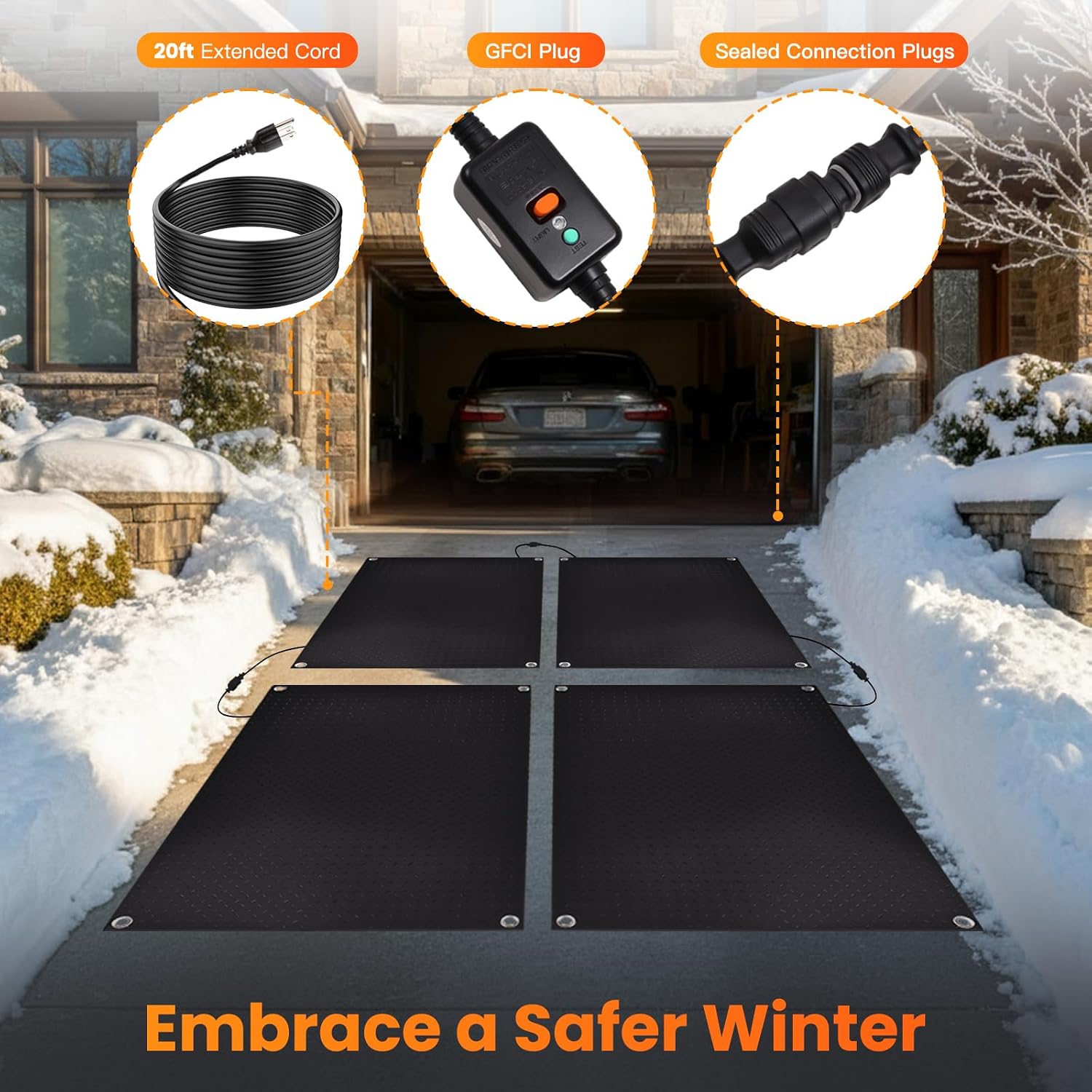 Snow Melting Mats, Anti-Slip Outdoor Snow Heating Mat for Stairs, 20ft Power Cord, IP68 Waterproof, 4 in/h Speed Heated Snow and Ice Melting Pads for Sidewalk, Steps, Walkways