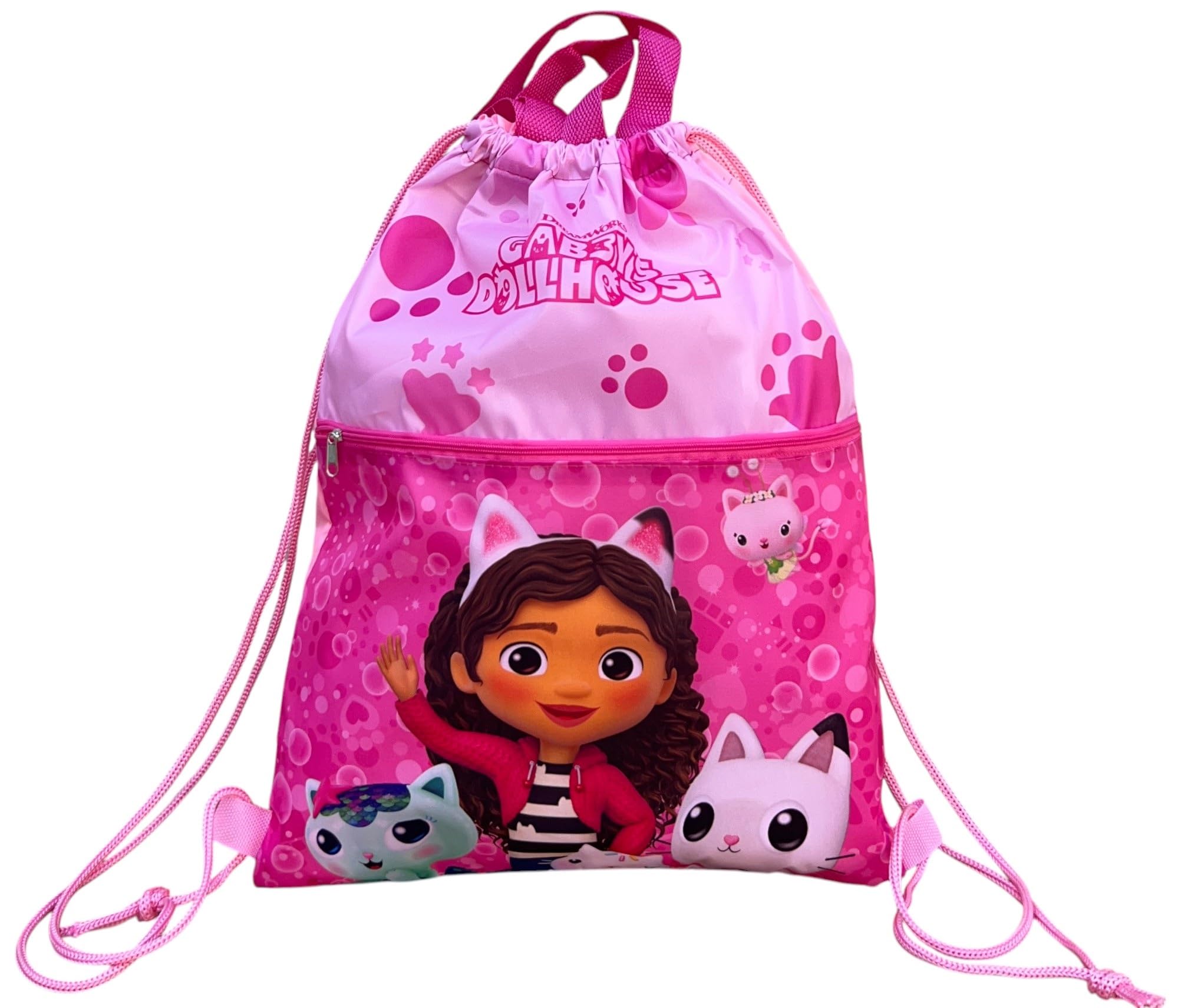Cartoon Girls Gabby's Dollhouse Sack With Front Pocket Backpack Drawstring Bag For Kids 44 X 34 Cm School Gym Leisure, One Size