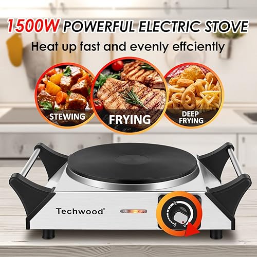 Miniatura 4 de Techwood Placa Caliente para Cocinar, Estufa Eléctrica de Mostrador de 1500W Quemador Individual con Temperatura Ajustable y Asas que se Mantienen