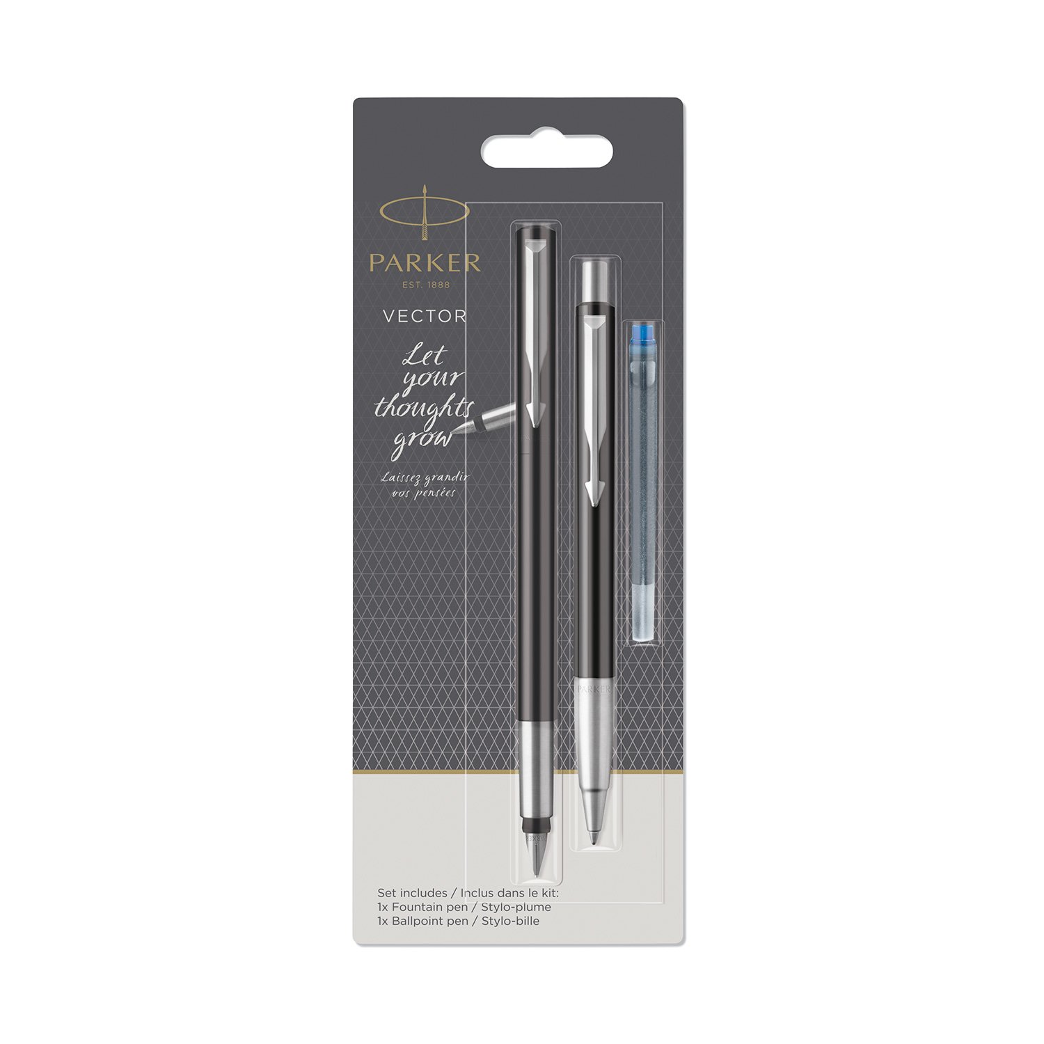 Parker Vector Fountain Pen & Ballpoint Pen Set | Black with Chrome Trim | Blue Ink โ image 1