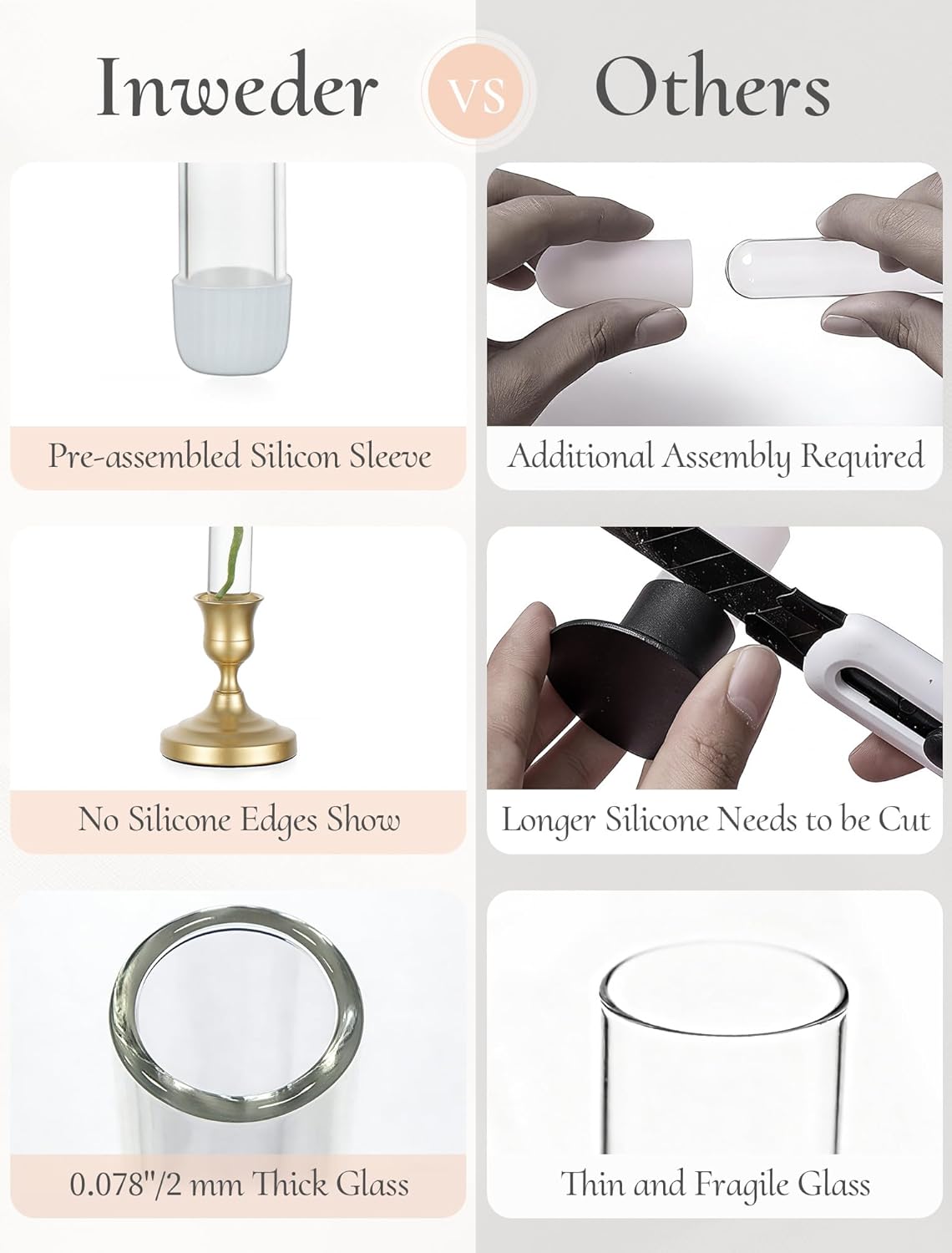 Bud Vases with Candlestick Holders: Set of 6 Clear Glass Vase with Silicon Sleeve for 0.87" Taper Candle Holder - Flower Vases for Centerpieces Wedding Table Party Decor