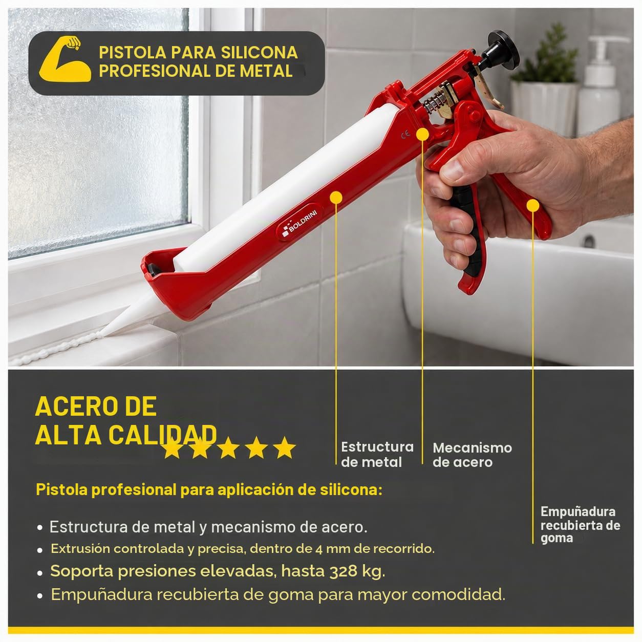 Pistola profesional para aplicar siliconas y selladores, estructura de metal y mecánica de acero. Soporta presiones de hasta 328 kg