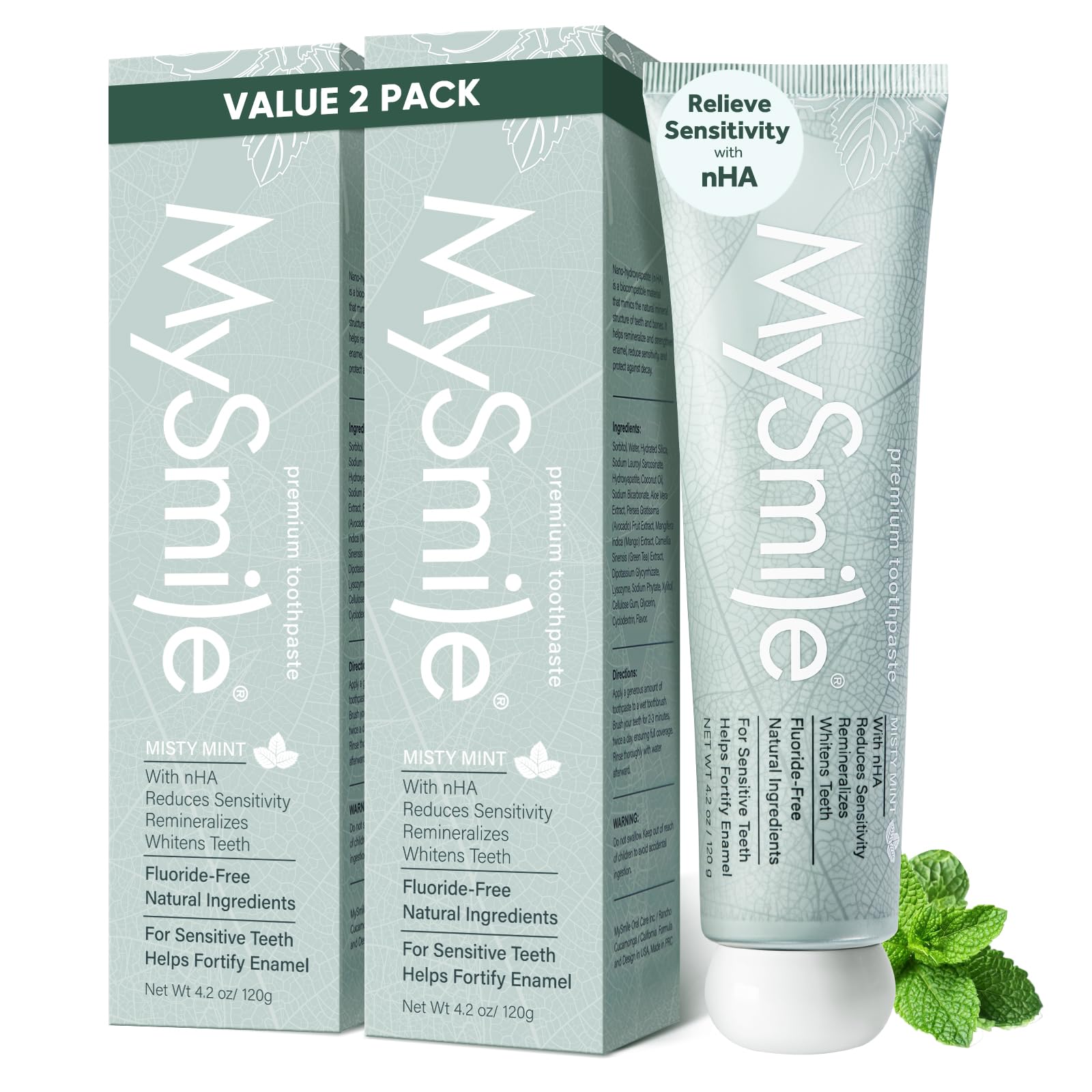 MySmile Fluoride Free Nano Hydroxyapatite Toothpaste for Sensitive Teeth Strengthens Enamel Remineralizes Whitens Teeth Freshens Breath for Adults