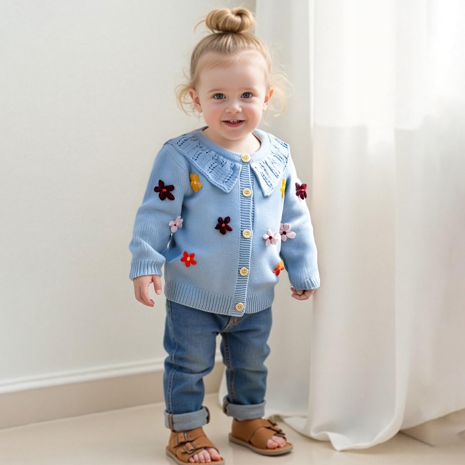 KMBANGI Toddler Baby Girl Cardigan Button Up Floral Frill Sweater Knitted Jacket Coat for Kids Girl Fall Clothes Warm Outwear (Blue, 6-12 Months)
