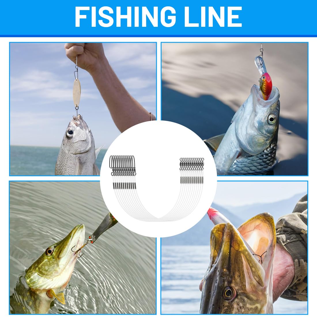 12 Piezas Líder de pesca de fluorocarbono, Línea de Líder de Fluorocarbono con Eslabón Giratorio Y Broche, Accesorios de Pesca, Línea de Líder para Pesca de Spinning