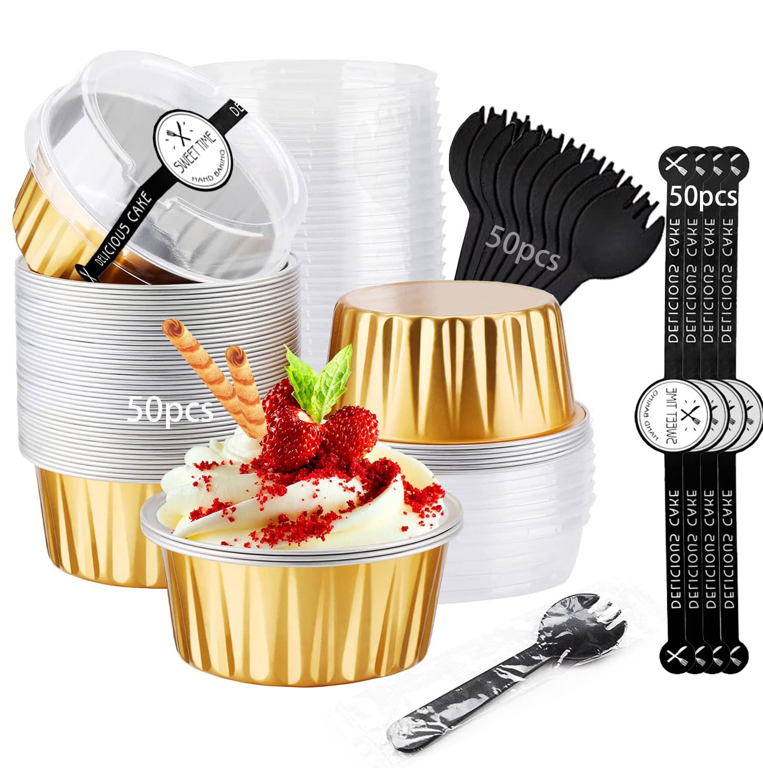 Mini Aluminum Pans with Lids, 50pcs Disposable Aluminum Foil Cupcake Liners Ramekins Baking Cups, Cupcake Baking Cups, Mini Pie Pans with Lid And Spoon, Baking Cup Containers, Wedding, Celebrations