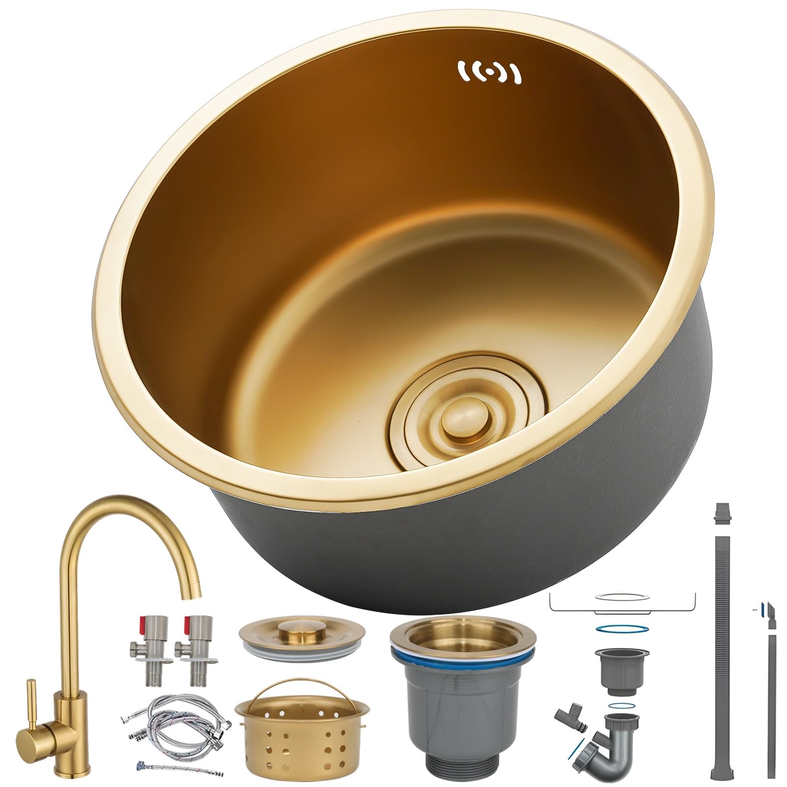Hzksinnk Gold-Faucet#B Kitchen Sinks, Golden Single Sink, 1 Basin Round Kitchen Sink/Bathroom Sinks Made Of Stainless Steel In Gold, Nano With Drain Set, Easy To Clean, Built-In Undermount/Assembly (Gold Faucet #B,