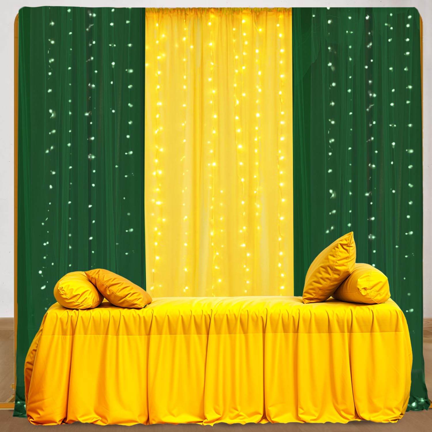 Party Propz Yellow Green Backdrop Decorations with Curtain Light, Haldi and Mehendi Decoration Setup, Haldi Decoration Items for Home, Backdrop Cloth for Decorations Pooja (6Pcs)(Satin)