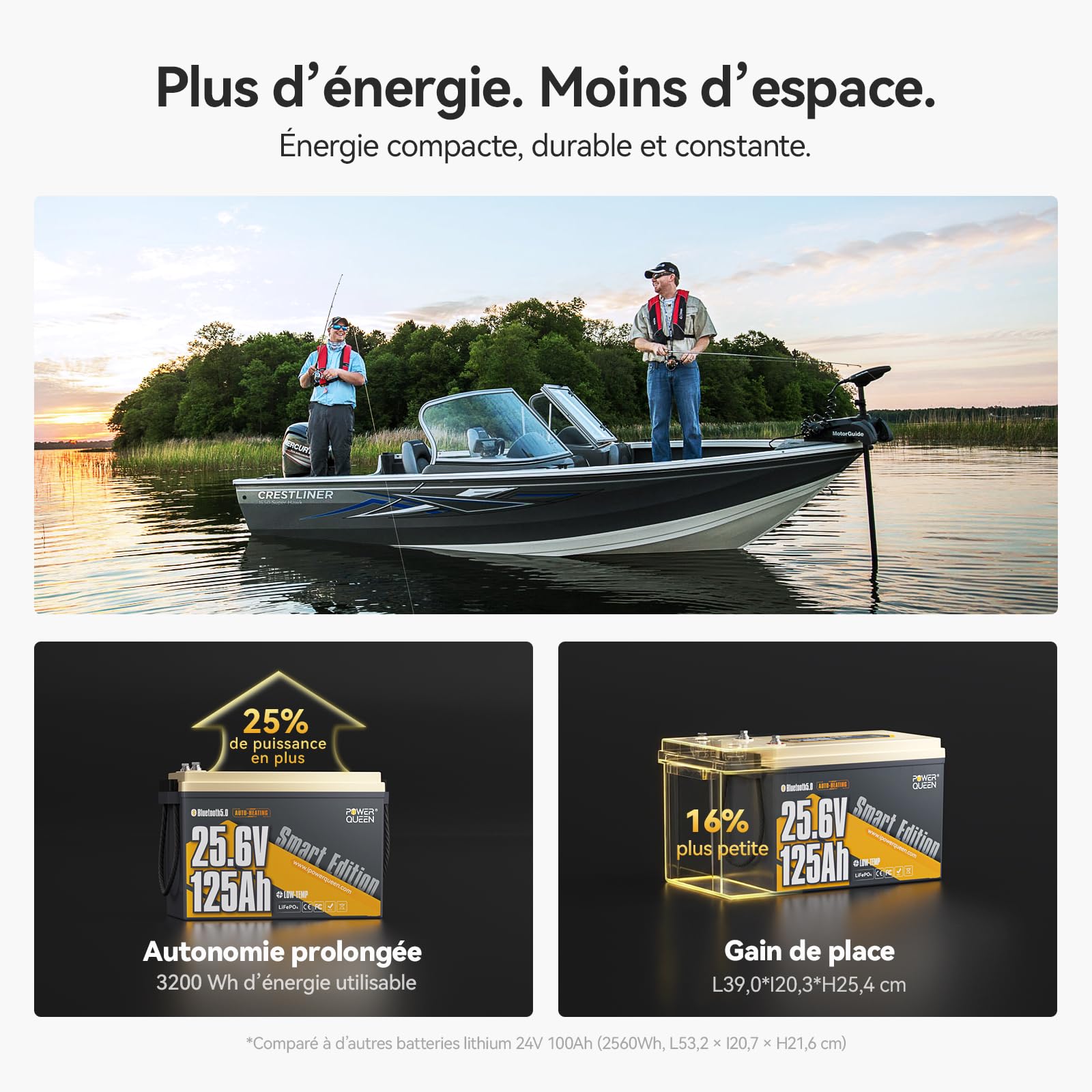 Power Queen 25.6V 125Ah Batterie Lithium Bluetooth Auto-Chauffage, BMS 125A 3200Wh Énergie Batterie LiFePO4, IP67 Étanche 15000+ Cycles Profonds, pour Camping-Car, Caravane, Moteur Électrique Bateau