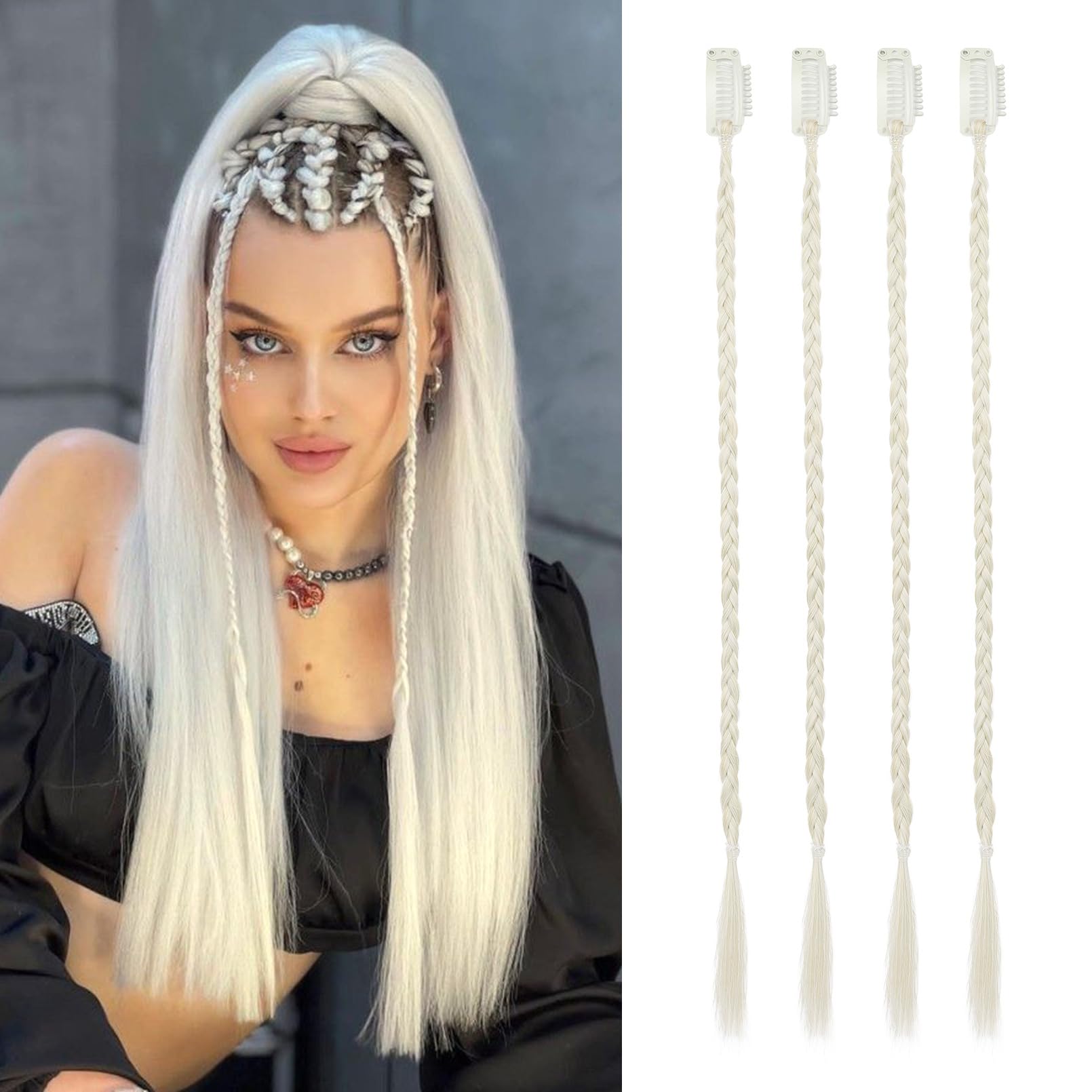 4PC Braid in Hair Extension 14 Inch Clip in Braid Extensions for Women Synthetic Hairpieces for Daily Use Party Styling (White Blonde)