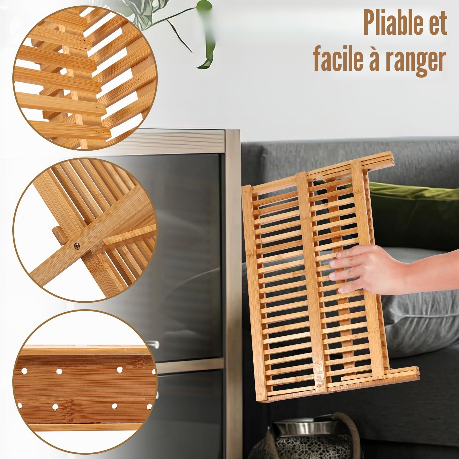 Égouttoir à vaisselle en bambou avec 20 emplacements, bol et support à vaisselle à 2 niveaux avec boîte à ustensiles, étagère de rangement pliable pour bols et assiettes, étagère de cuisine