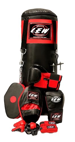 LEW Punching Bag 10 Piece Boxing Set Filled with Heavy Bag Gloves Ceiling Hook Chains Hand Wraps Training Kickboxing Muay Thai MMA Punching Bags