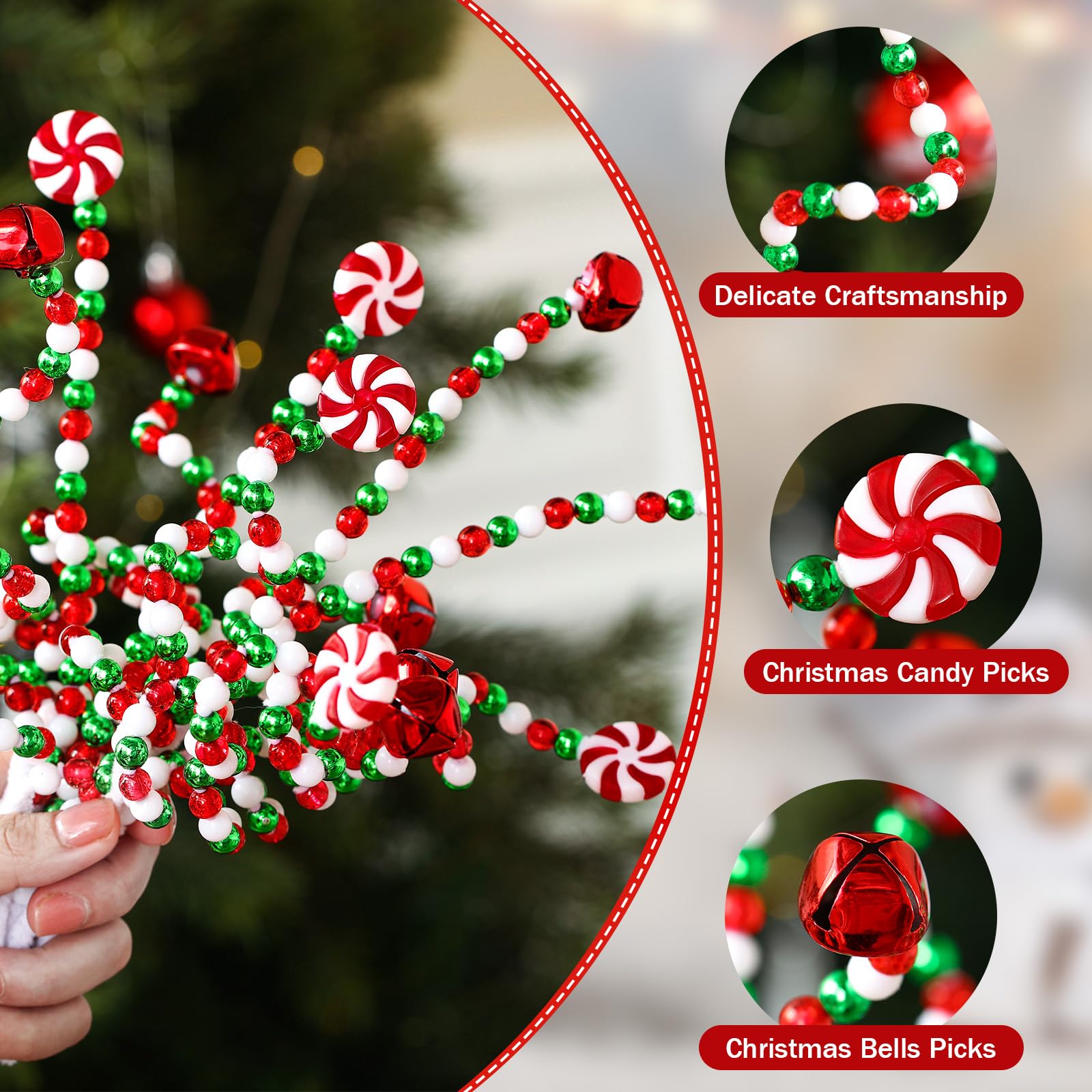 Liliful 40 adornos de piruletas de caramelo de Navidad para árbol de Navidad, adornos de piruleta de caramelo trenzado, decoraciones de campana para árbol de Navidad, corona, manualidades, regalo de