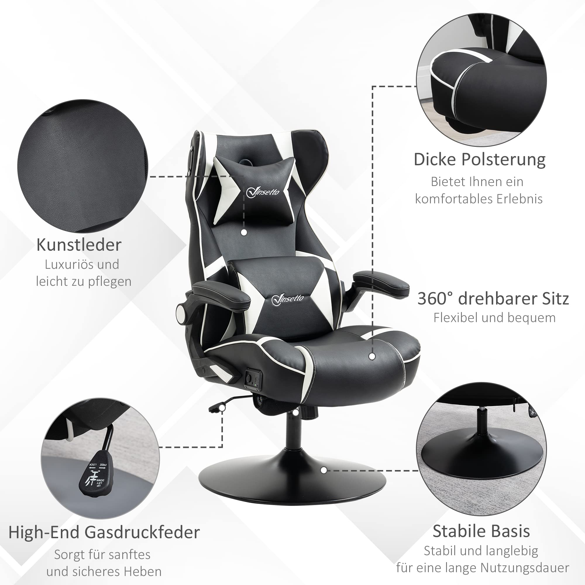 Vinsetto Sedia da gioco con funzione basculante, sedia da ufficio regolabile in altezza, sedia ergonomica per computer con altoparlante, supporto lombare e collo per sala giochi, ecopelle bianco+nero