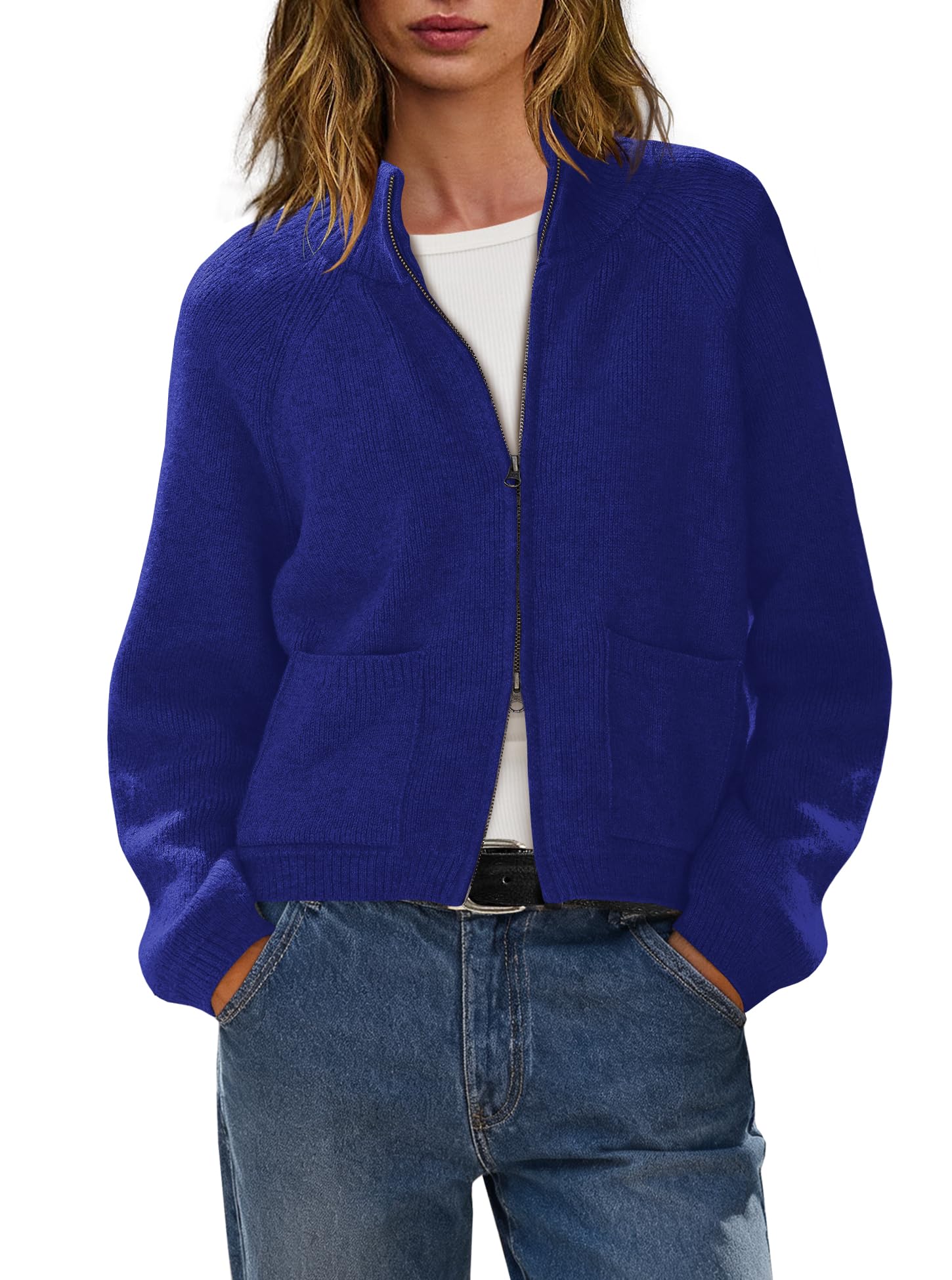 LAMISSCHE Womens Cardigan Sweaters Oversized Turtleneck Cable Knit Sweater Long Sleeve Zip up Cardigan with Pockets