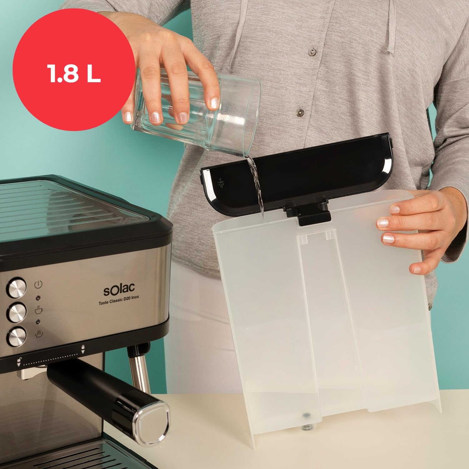Solac – Cafetera Espresso Taste Classic D20 Inox | 850W | Presión 20 bares | Depósito 1,8L | Brazo 1 y 2 salidas | Vaporizador | Superficie Calienta tazas | Apagado automático