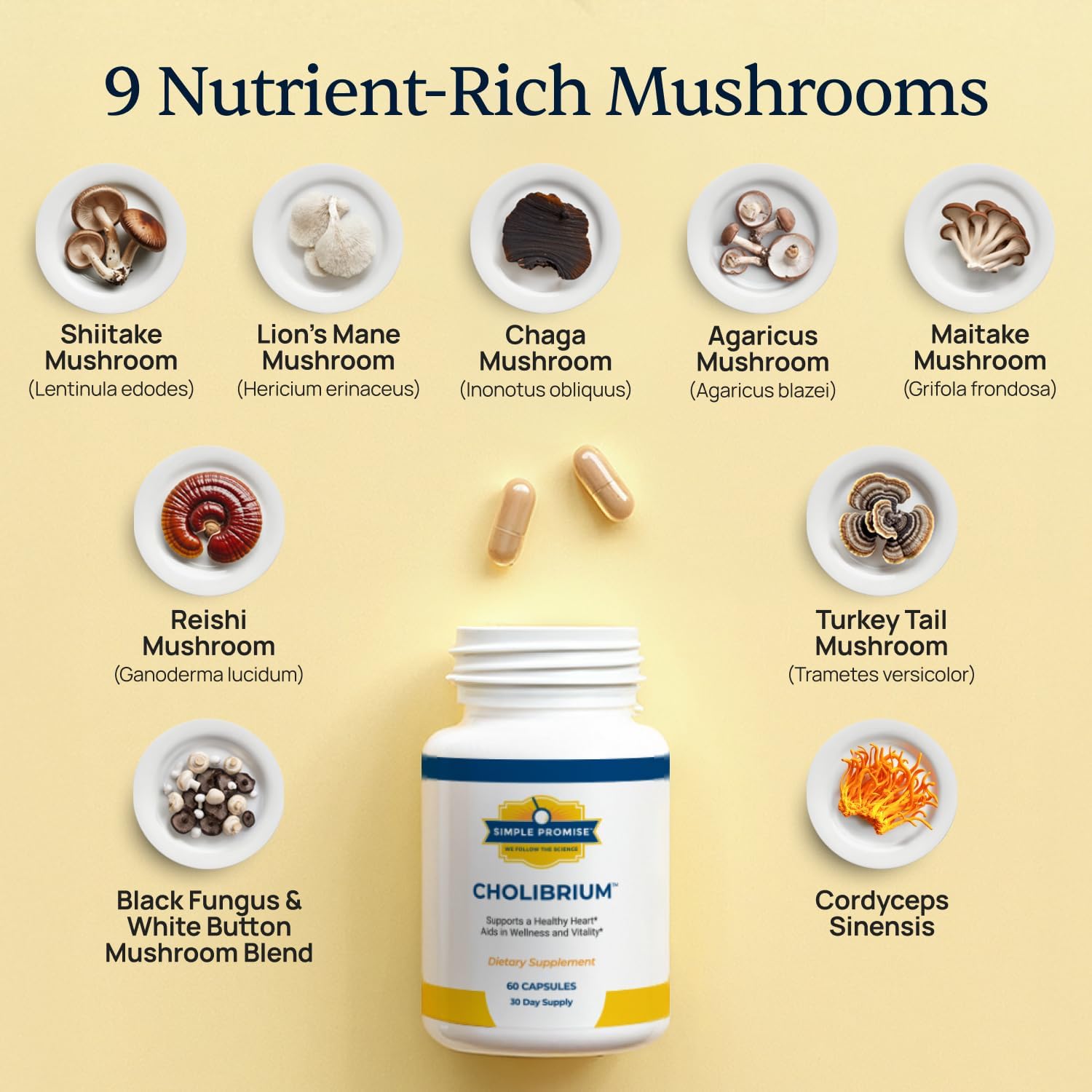 Cholibrium 9-in-1 Mushroom Complex Capsules With Lion’s Mane & Reishi - Adaptogenic Mushrooms Supplement Blend For Daily Immunity Focus, Sleep & Heart Health Support - 1,330 mg - 60 Capsules - Image 4