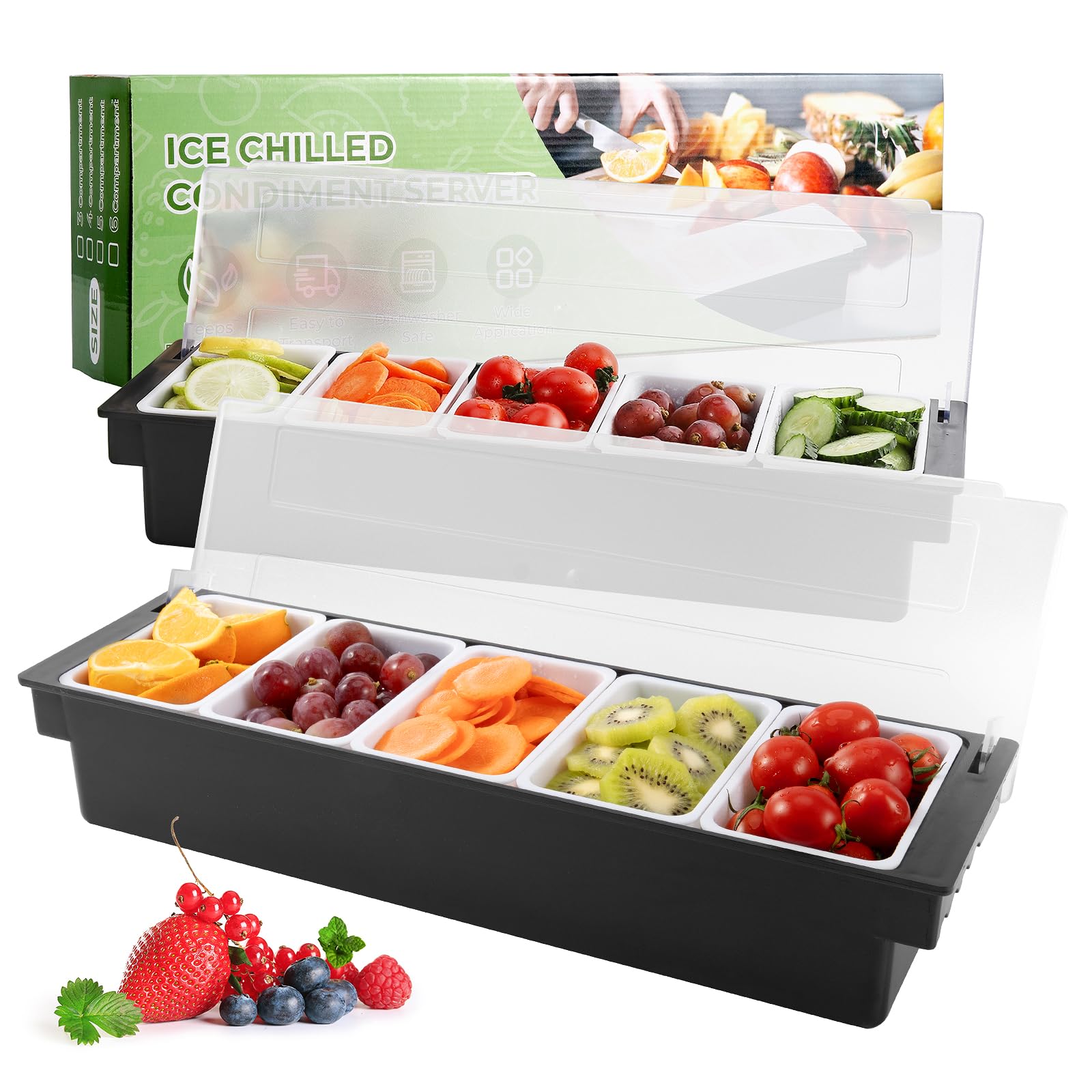 WICHEMI Ice Chilled Condiment Caddy with 5 Removable Trays and Lid, 2 Pack