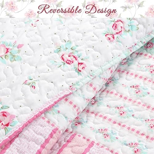 Miniatura 8 de Cozy Line Home Fashions Bloom - Juego de ropa de cama reversible con estampado floral, color azul rosa, colcha ligera para todas las estaciones