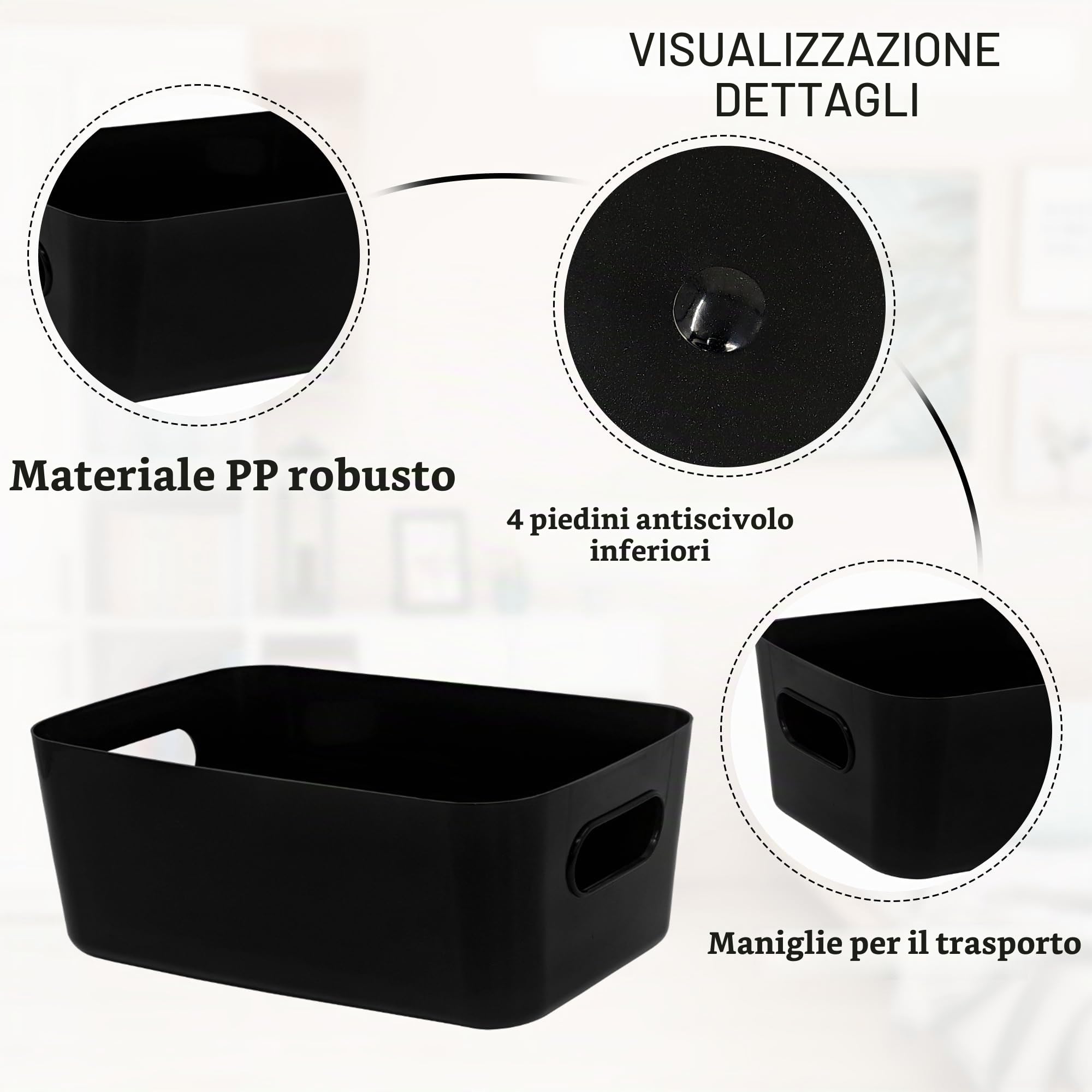 LYLIDIA 10 scatole portaoggetti in plastica, 30 cm, colore nero, grandi cesti di plastica, per bagno, cucina, scaffali, scatole