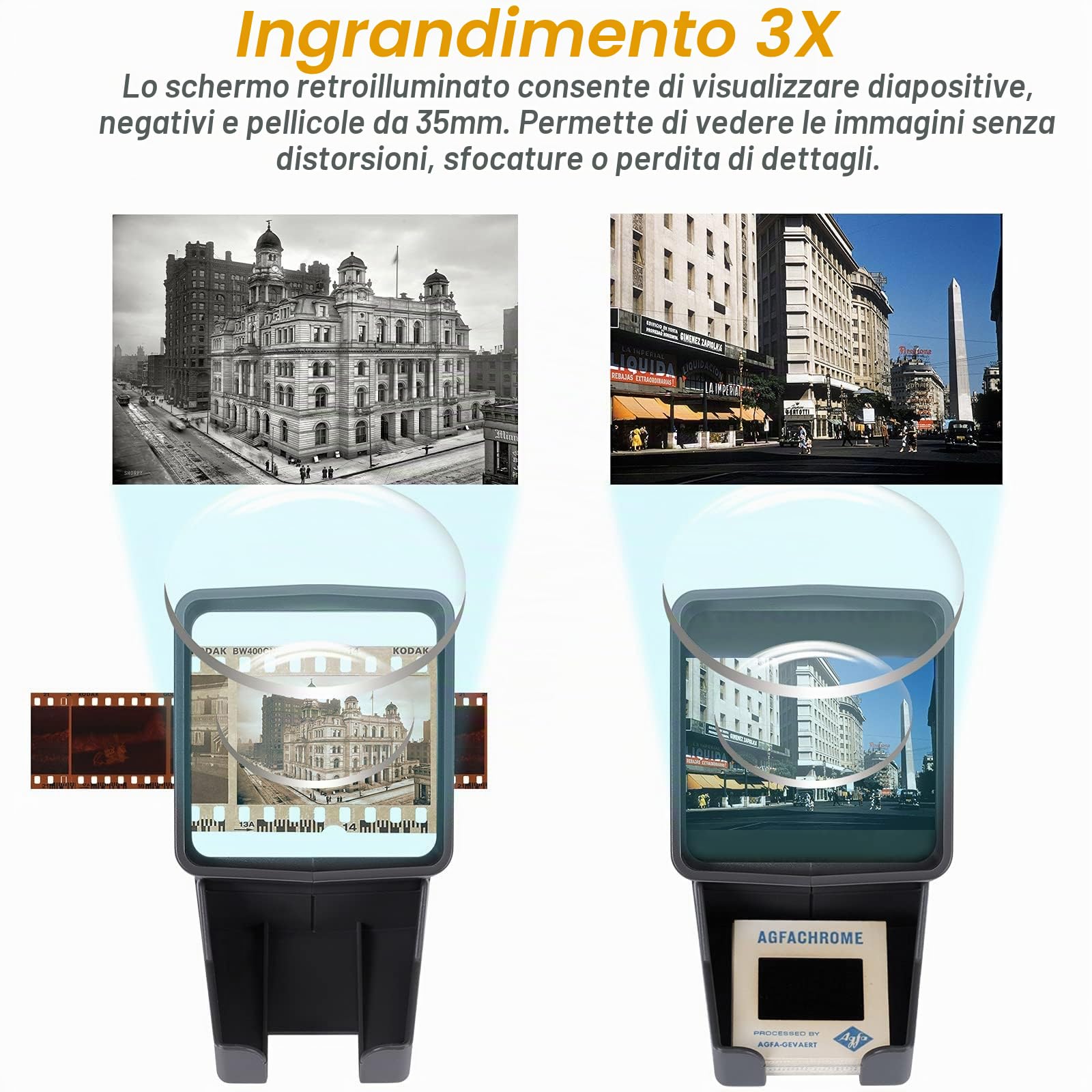 Proiettore di Diapositive e Negativi da 35mm, Visualizzatore di Diapositive, Illuminata a LED con Ingrandimento 3X