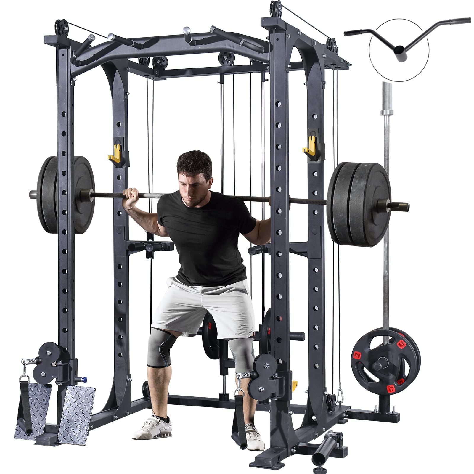 Mikolo Multi-Function Power Cage, 1200 lbs Commercial Weight Cage with Cable Crossover Machine, J-Hooks, Landmine, T-Bar, Dip Bars, Barbell Holder, and Other Attachments(2022 New Version)