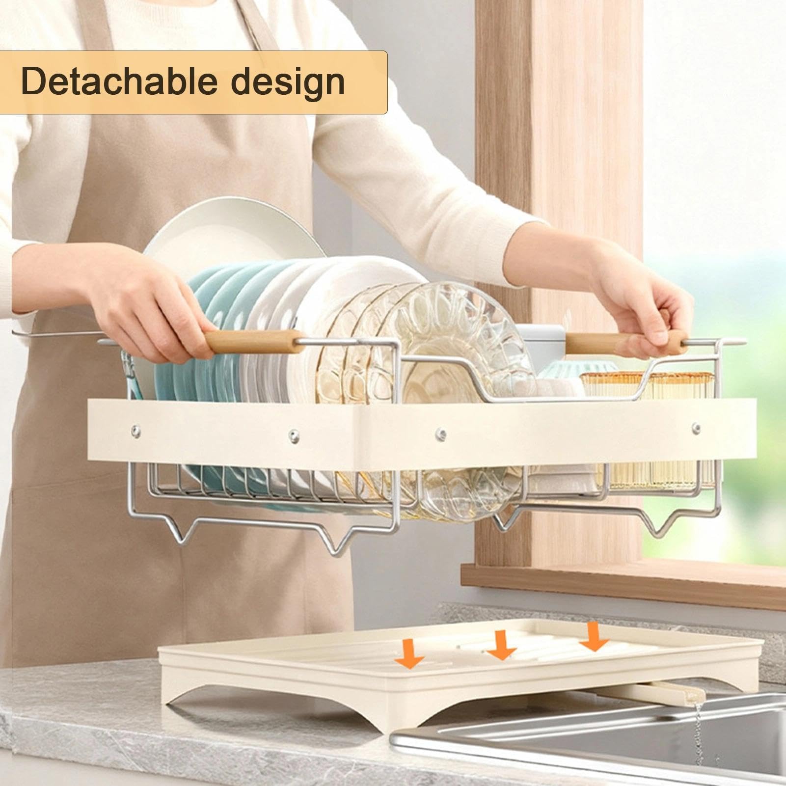 Escurridor de platos con boquilla giratoria y soporte para cubiertos, bandeja escurridora de fregadero de acero inoxidable para encimera de cocina