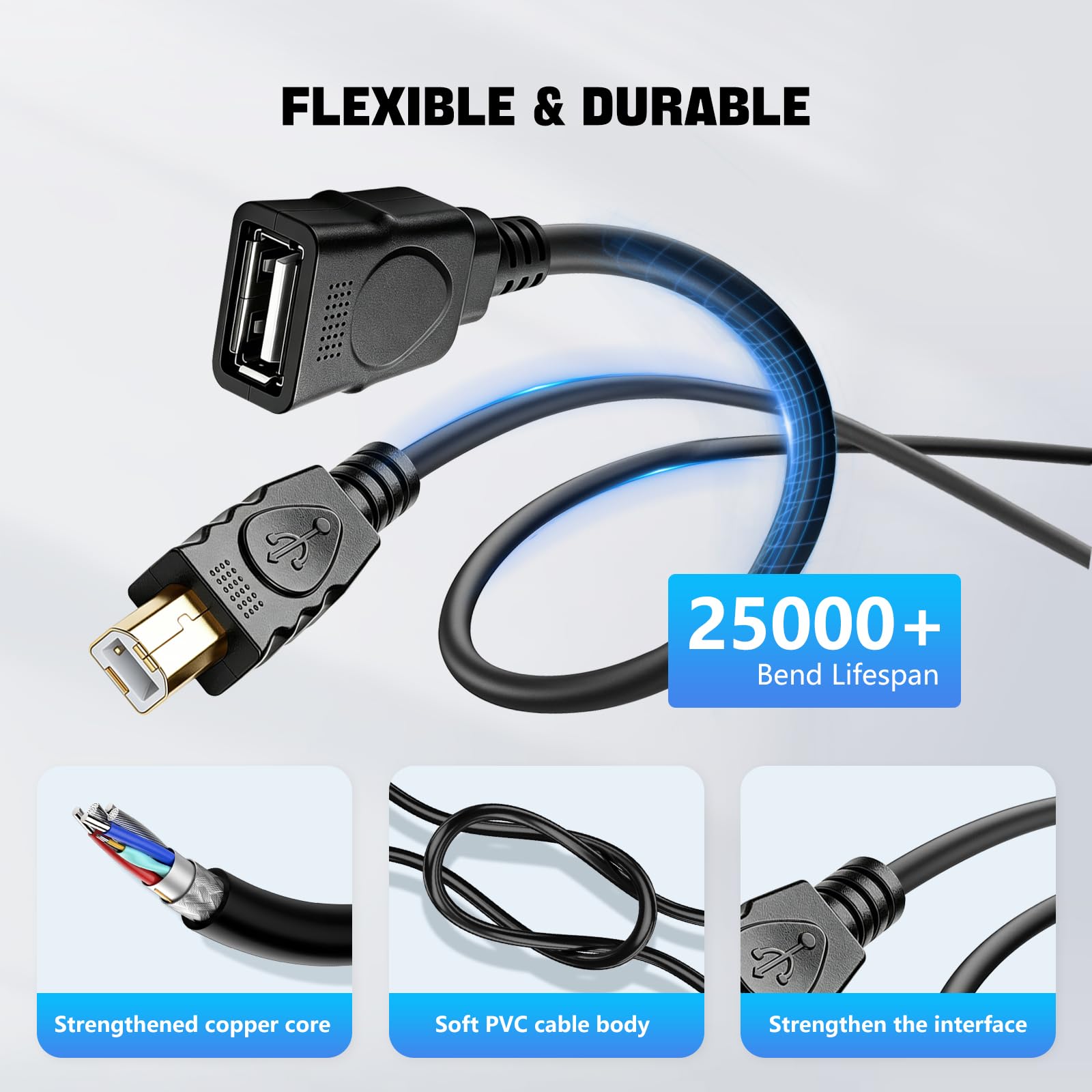 Herfair Câble convertisseur USB 2.0 A femelle vers B mâle pour imprimante USB de type A vers type B, 1,8 m