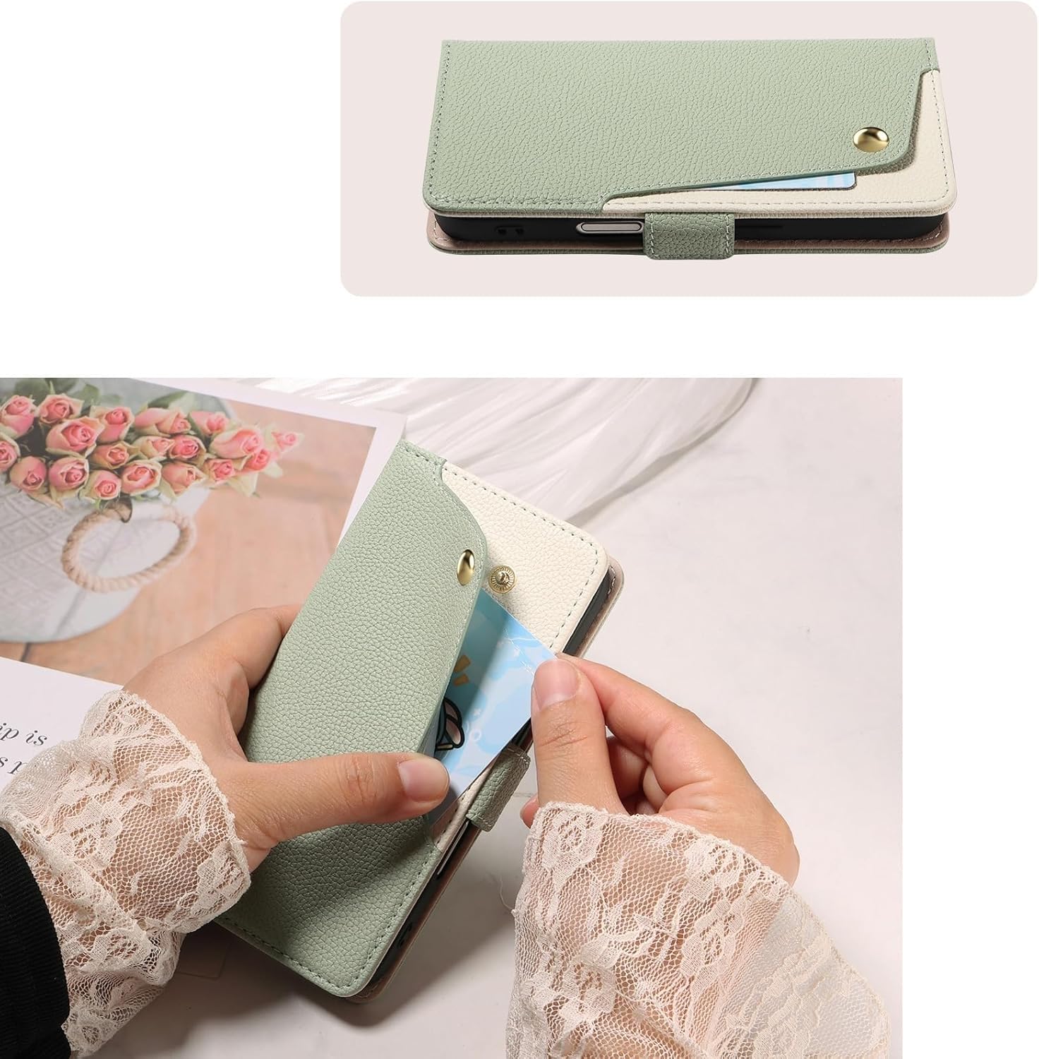 Leather Purse Case with Mirror for iPhone 17/17 Air/17 Pro/17 Pro Max, Flip Cover with Wristband, Folding Stand & All-Inclusive Protection(Gray,17)