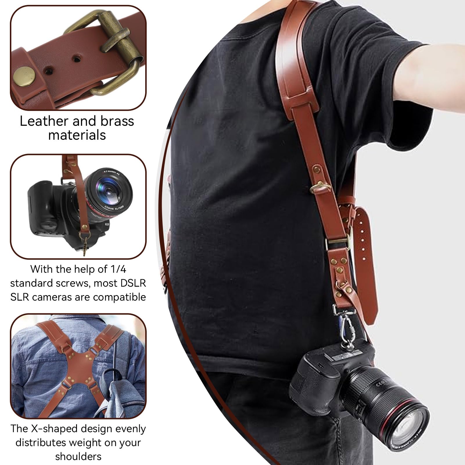 HERCHR Kameragurt für Zwei Kameras, Dual-Schulter-Lederriemen, Vintage Multi Gear-Kameragurt für DSLR/SLR-Universal-Gurt für Frauen/Männer(braun)