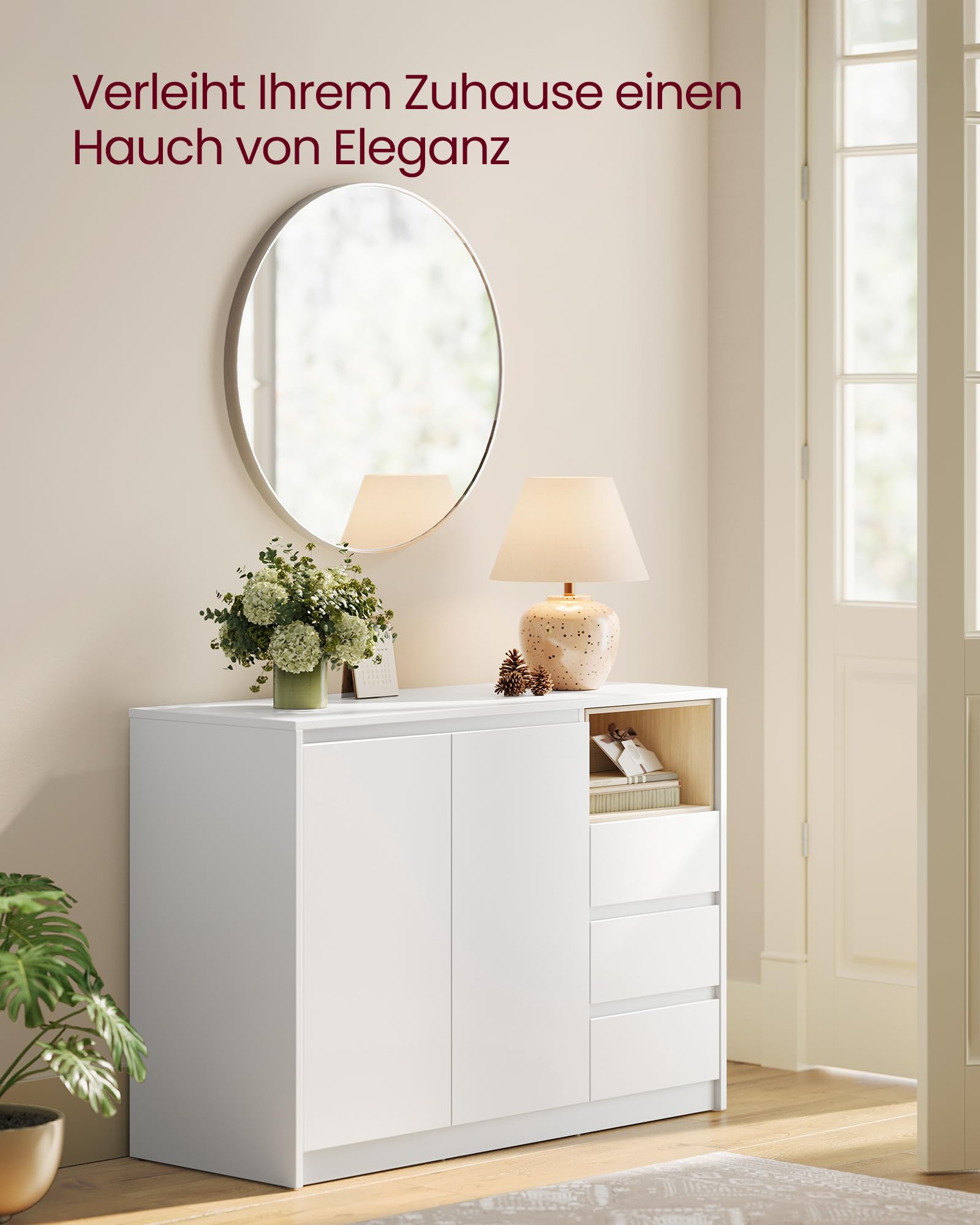 VASAGLE Kailyn Kollektion - Aufbewahrungsschrank, Sideboard, Küchenschrank mit Türen, höhenverstellbare Ablage, 3 Schubladen, modern, 40 x 103,3 x 74,5 cm, wolkenweiß BBK273W21V1