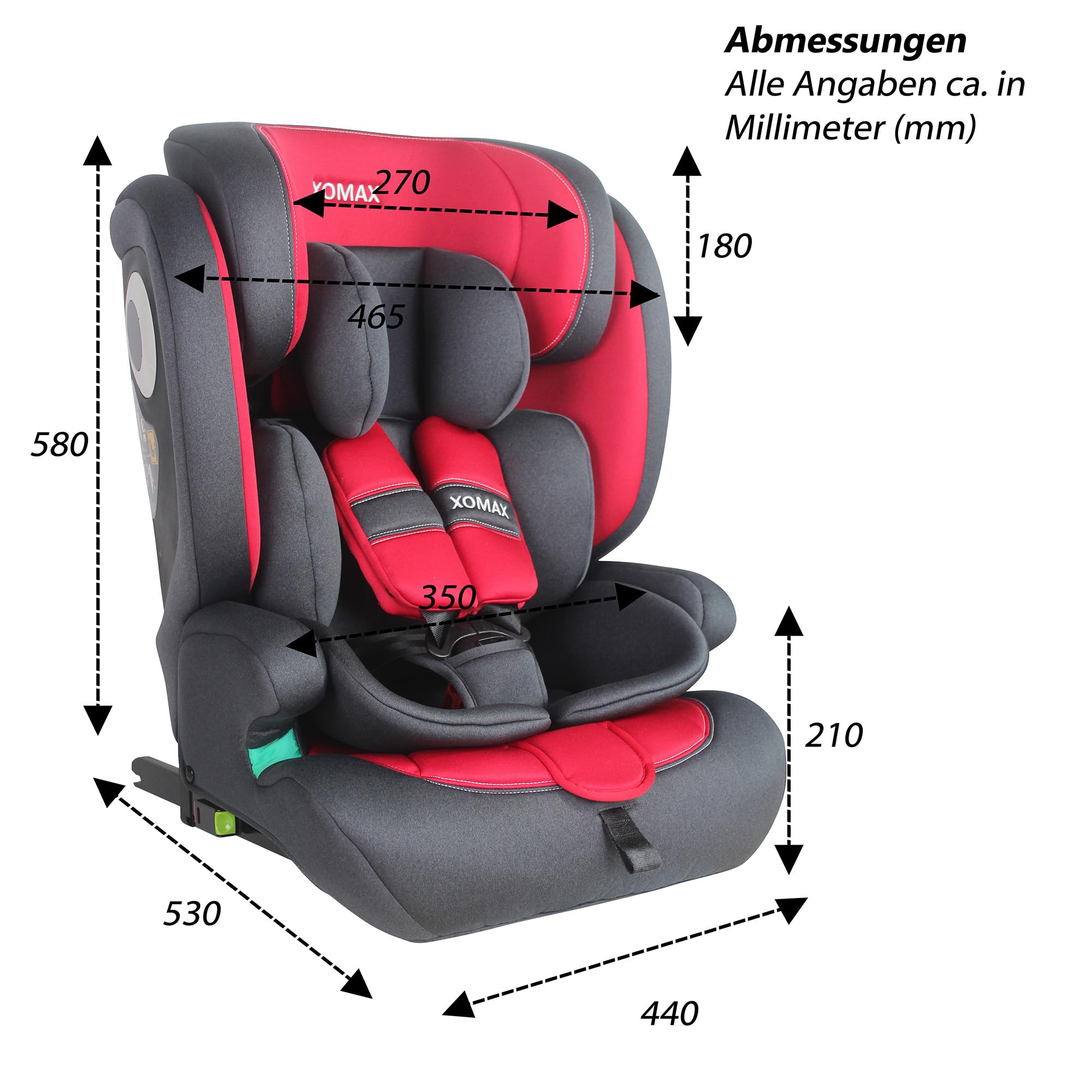 XOMAX LM238 Kindersitz mit ISOFIX I Mitwachsend I 9-36 kg, 15 Monate - 12 Jahre, Gruppe 1/2/3 I 5-Punkt-Gurt und 3-Punkt-Gurt I Bezug Abnehmbar und Waschbar I ECE R129 I Rot