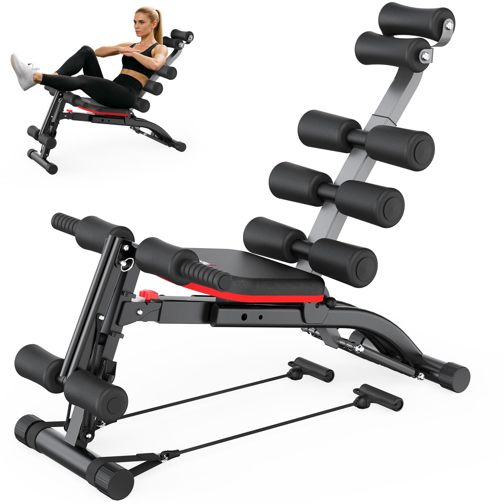 PASYOU Macchina Addominali con Fascette Resistive, Allenatore Addominale Pieghevole Regolabile, Panca Allenamento 135 KG per Palestra Domestica, Sedia Esercizi Corpo Completo