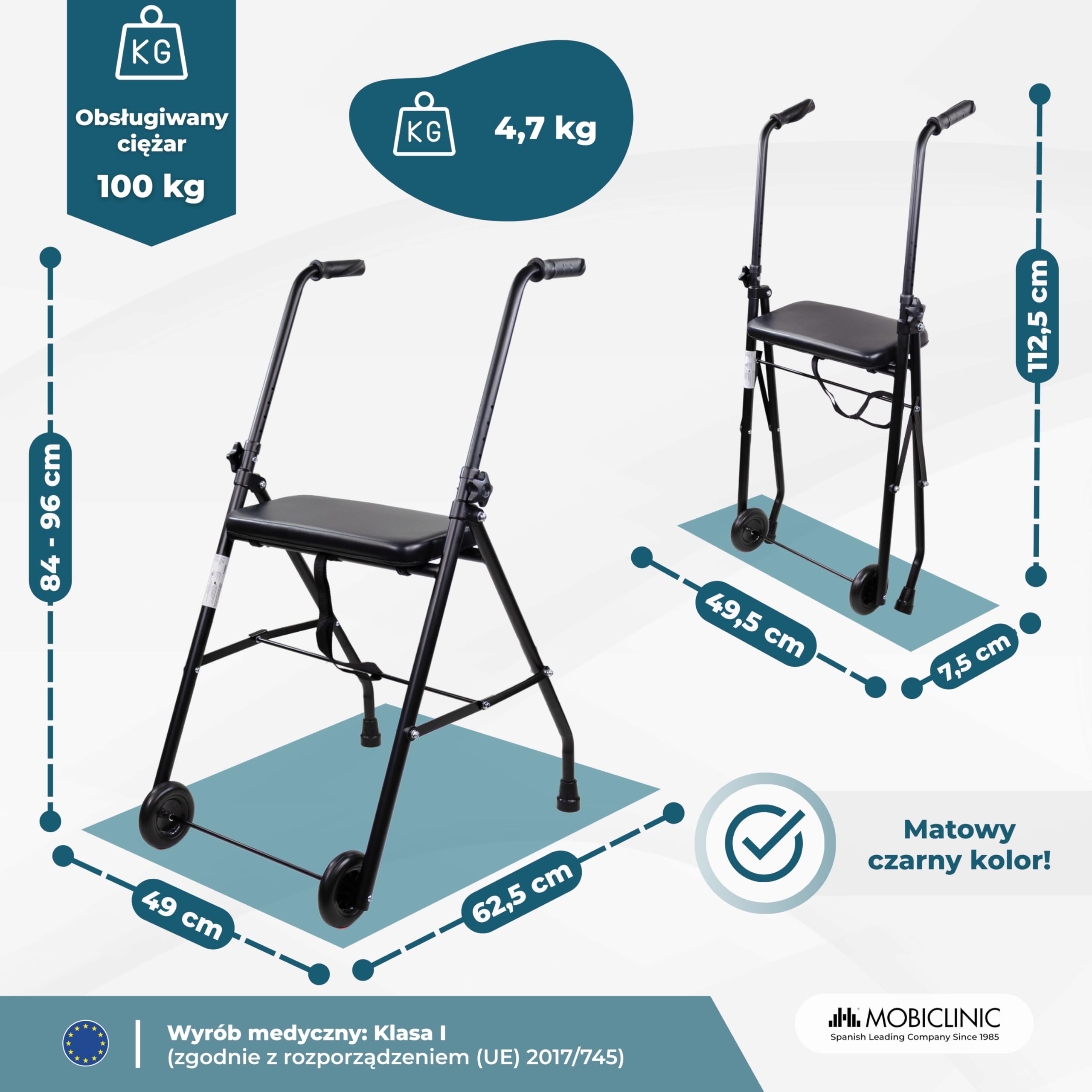 Mobiclinic®, Składany Chodzik, Regulowany, Ergonomiczne Uchwyty, Antypoślizgowe Końcówki, z Siedziskiem i 2 Kółkami, Lekki, Wytrzymały, Stalowy, Emérita, Czarny