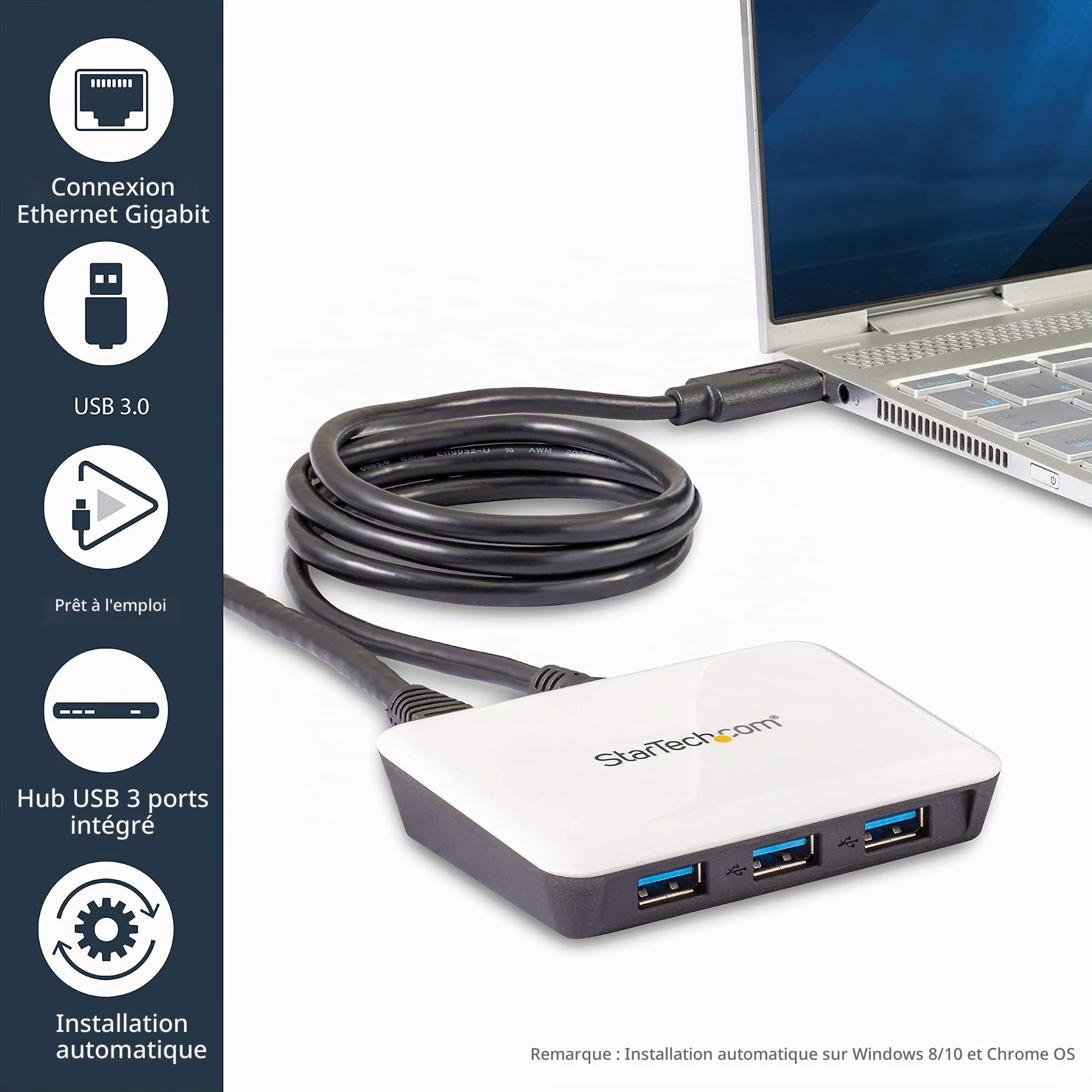 StarTech.com Adaptateur réseau USB 3.0 vers Gigabit Ethernet avec hub USB 3.0 de 3 ports (ST3300U3S) blanc | Carte réseau, RJ45, 10/100/1000, SuperSpeed 5Gb/s, Wake On LAN, Auto MDIX