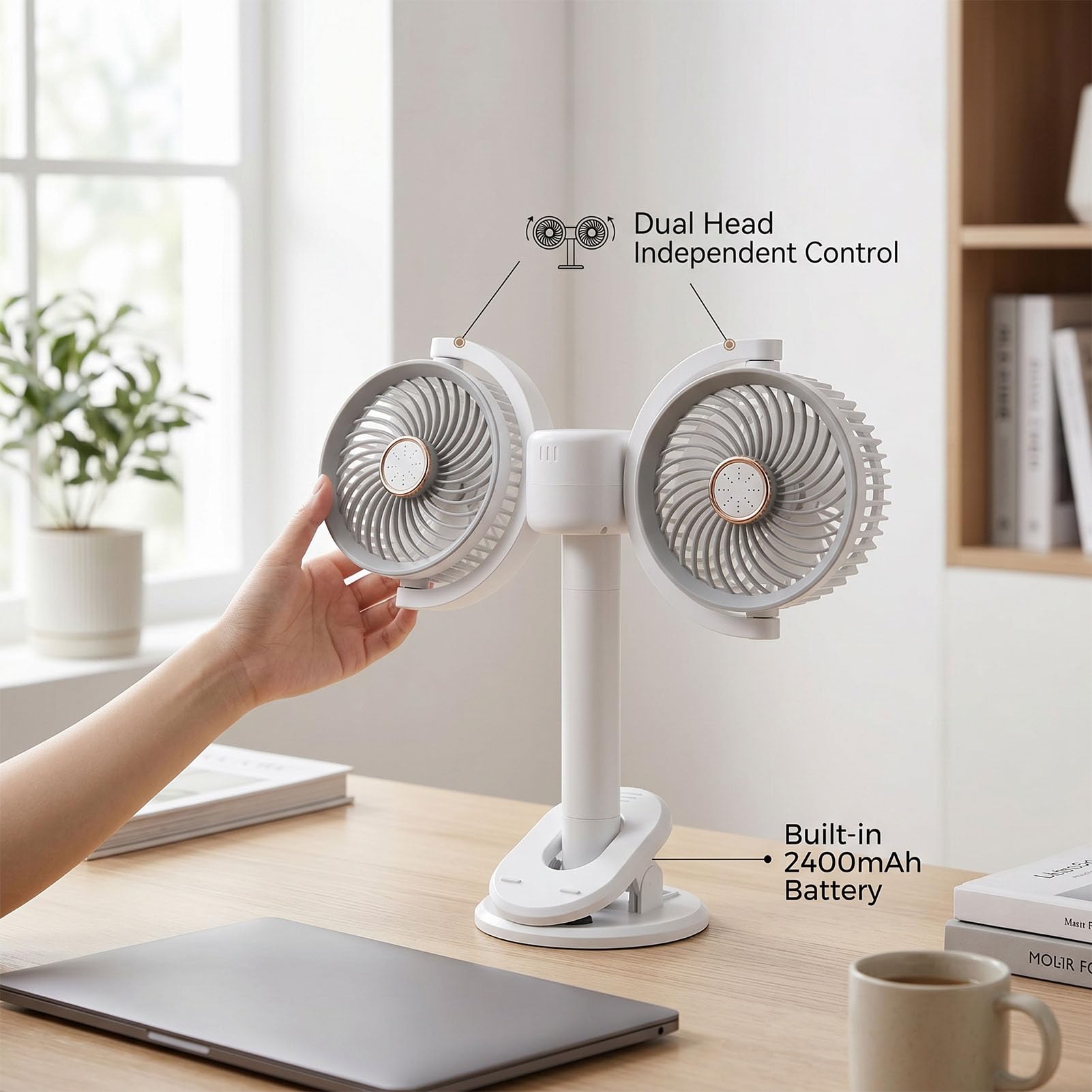 Brrnoo Ventilatore da Tavolo a Doppia Testa Ventilatore da Tavolo a Doppia Testa a con Clip Rotazione a 360° 4 velocità Altezza Regolabile Morsetto per Luce
