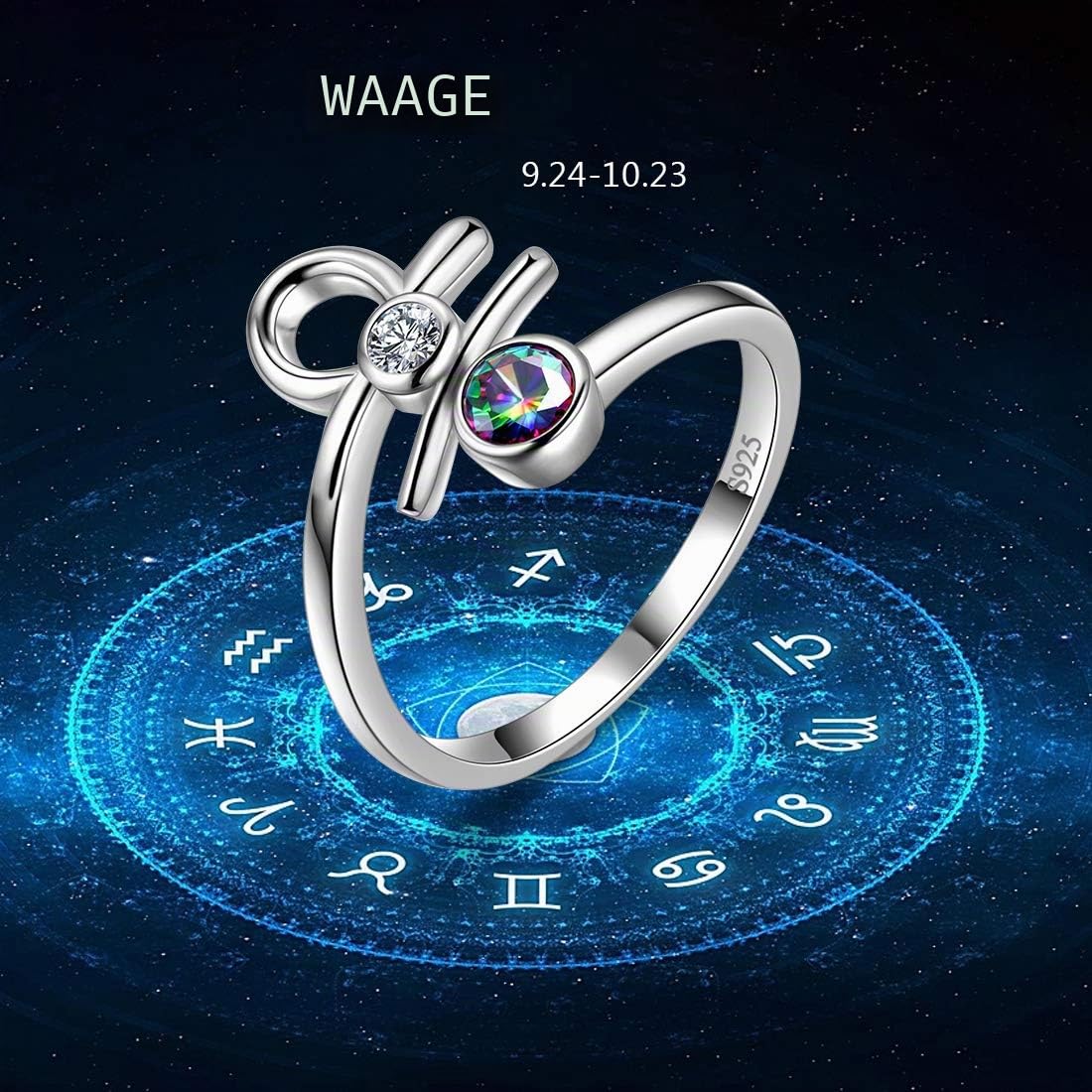 Aurora Tears 12 Zodiac verstellbare Ringe 925 Sterling Splitter Mystic Rainbow Topaz Konstellation offener Ring Horoskop mit Zirkonia Schmuck Geschenk für Frauen und Mädchen DR0087
