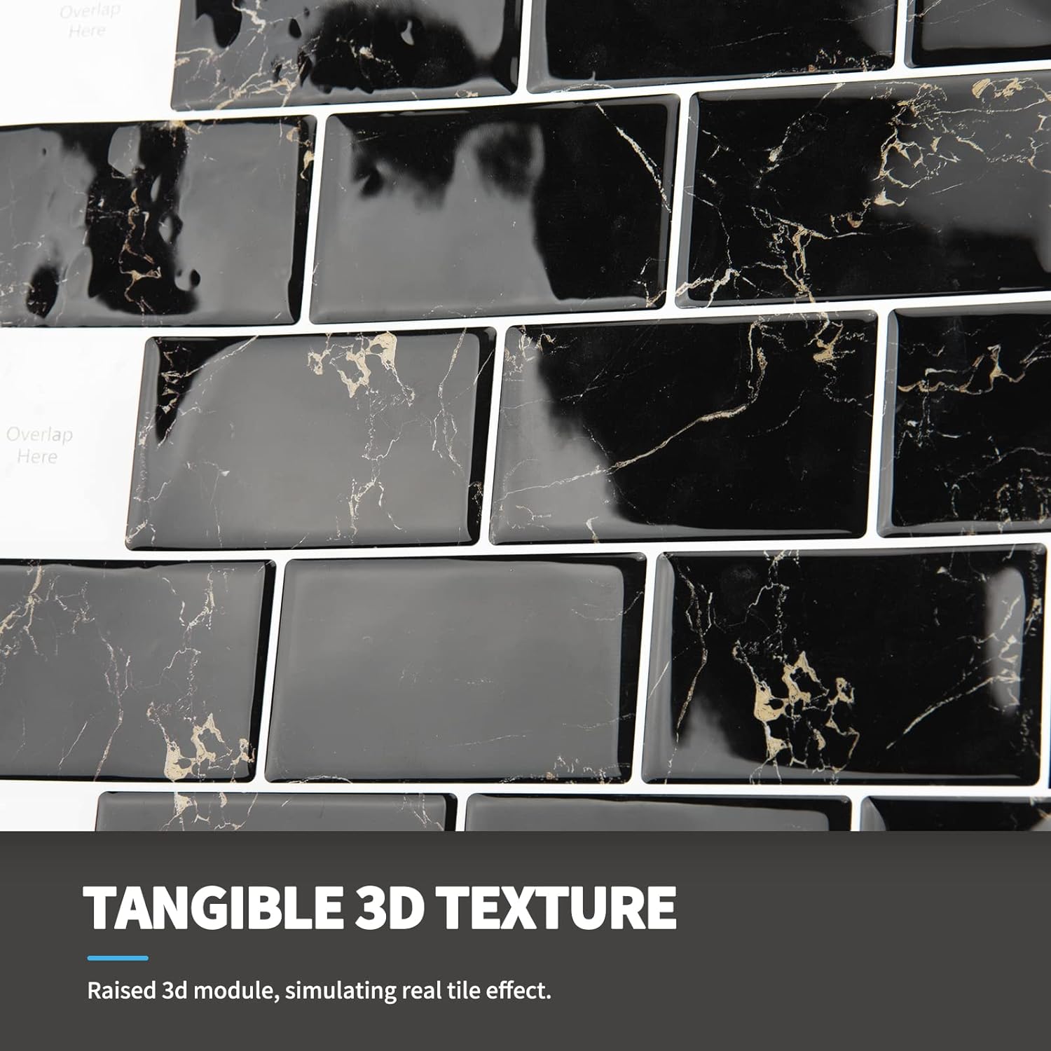 Black Marble Peel and Stick Rectangular Backsplash Tiles
