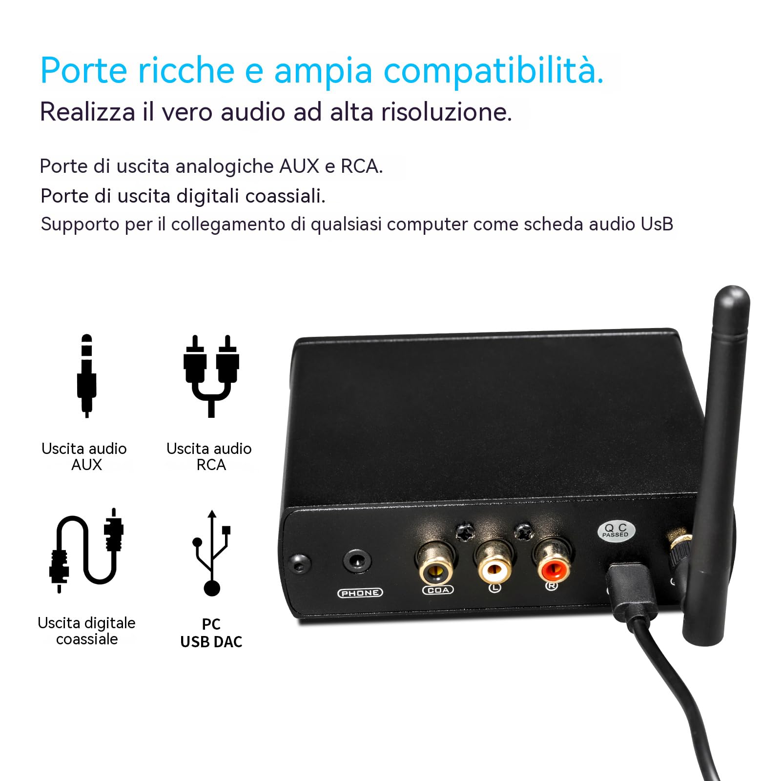 Ricevitore Hi-Fi Bluetooth 5.1 e DAC, decoder ESS9038, audio LDAC/aptX HD Lossless, uscita ad alta risoluzione 24bit/96kHz con display OLED, ingresso USB Type-C e coassiale, per stereo domestico